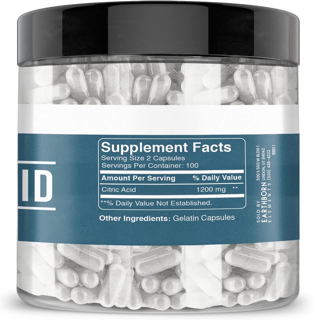200 Pure & Undiluted Citric Acid Capsules by Earthborn Elements - No Additives