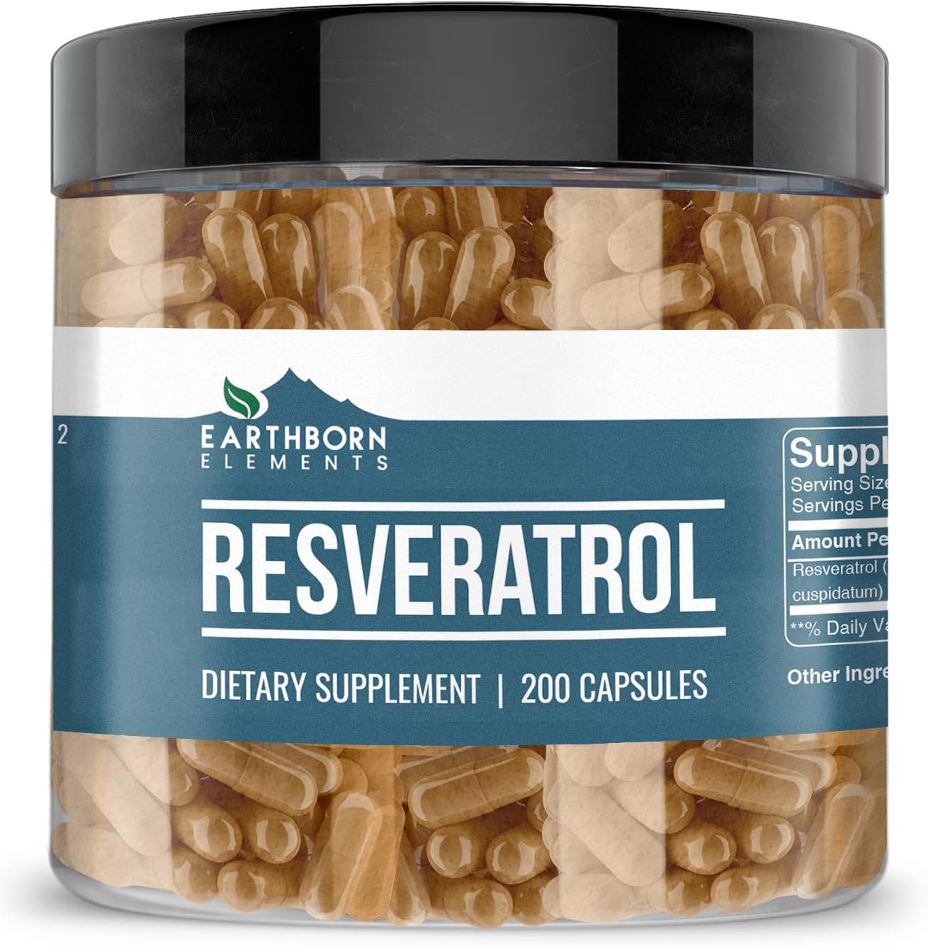 200 Pure & Undiluted Resveratrol Capsules by Earthborn Elements - Additive-Free Formula
