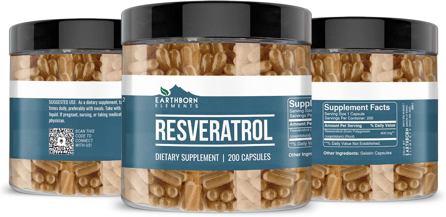 200 Pure & Undiluted Resveratrol Capsules by Earthborn Elements - Additive-Free Formula