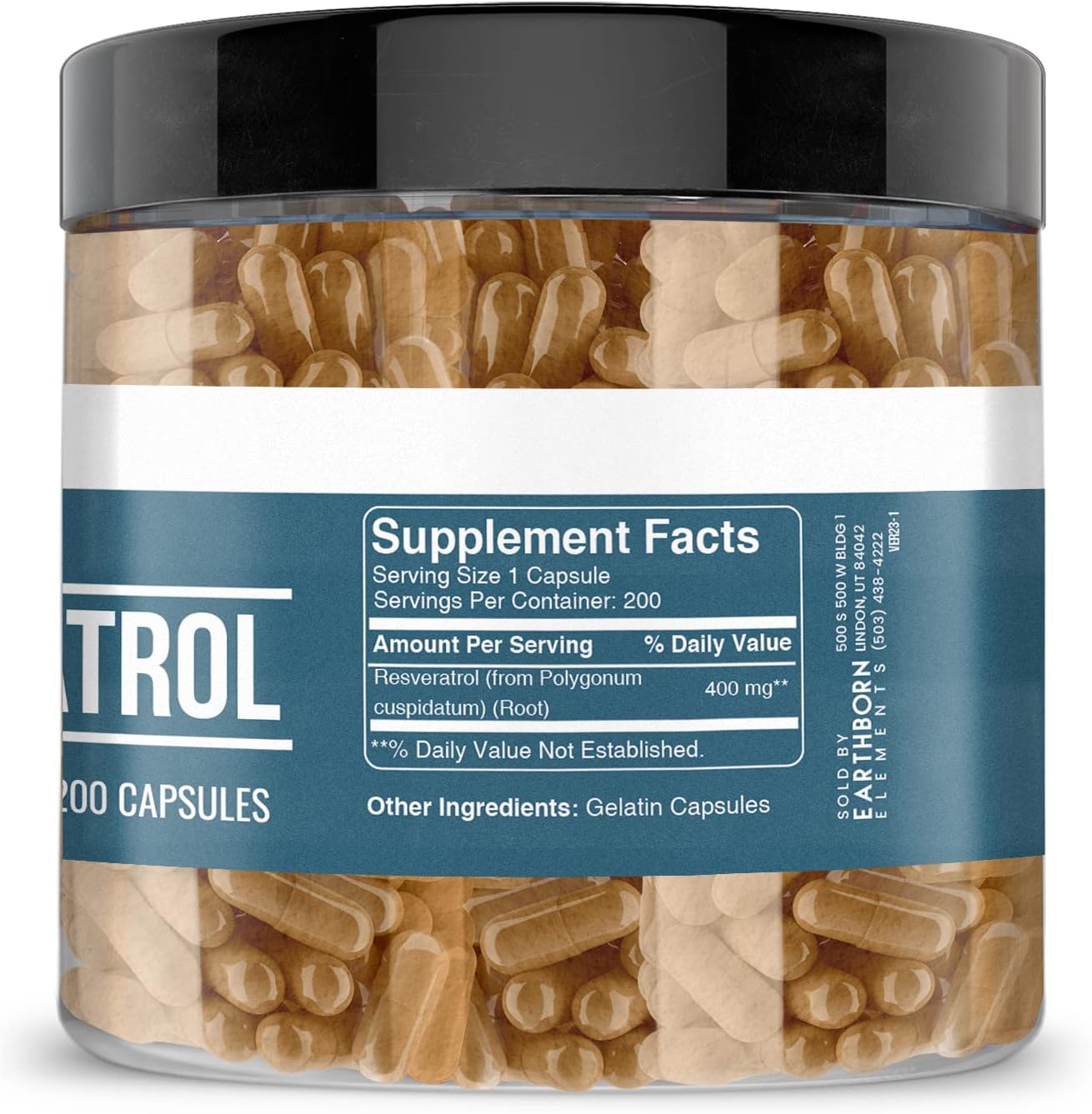 200 Pure & Undiluted Resveratrol Capsules by Earthborn Elements - Additive-Free Formula