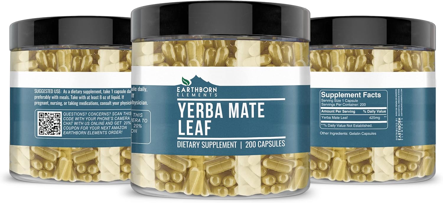 200 Pure & Undiluted Yerba Mate Leaf Capsules by Earthborn Elements, Additive-Free