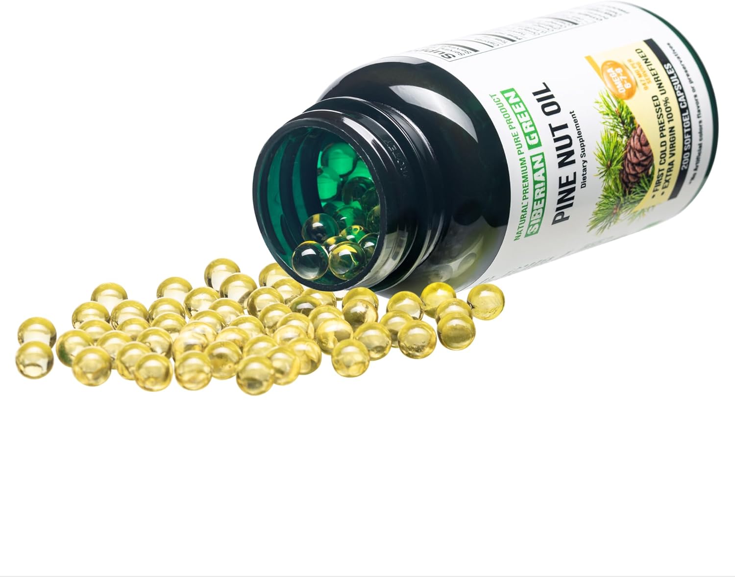 200 Softgel Siberian Green Pine Nut Oil Capsules - Wild Harvested from Siberia's Altai Region, Cold Pressed and Unrefined