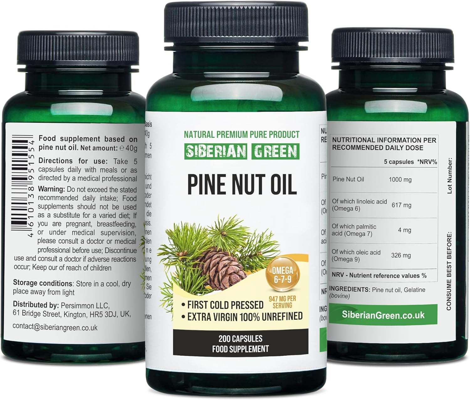 200 Softgel Siberian Green Pine Nut Oil Capsules - Wild Harvested from Siberia's Altai Region, Cold Pressed and Unrefined