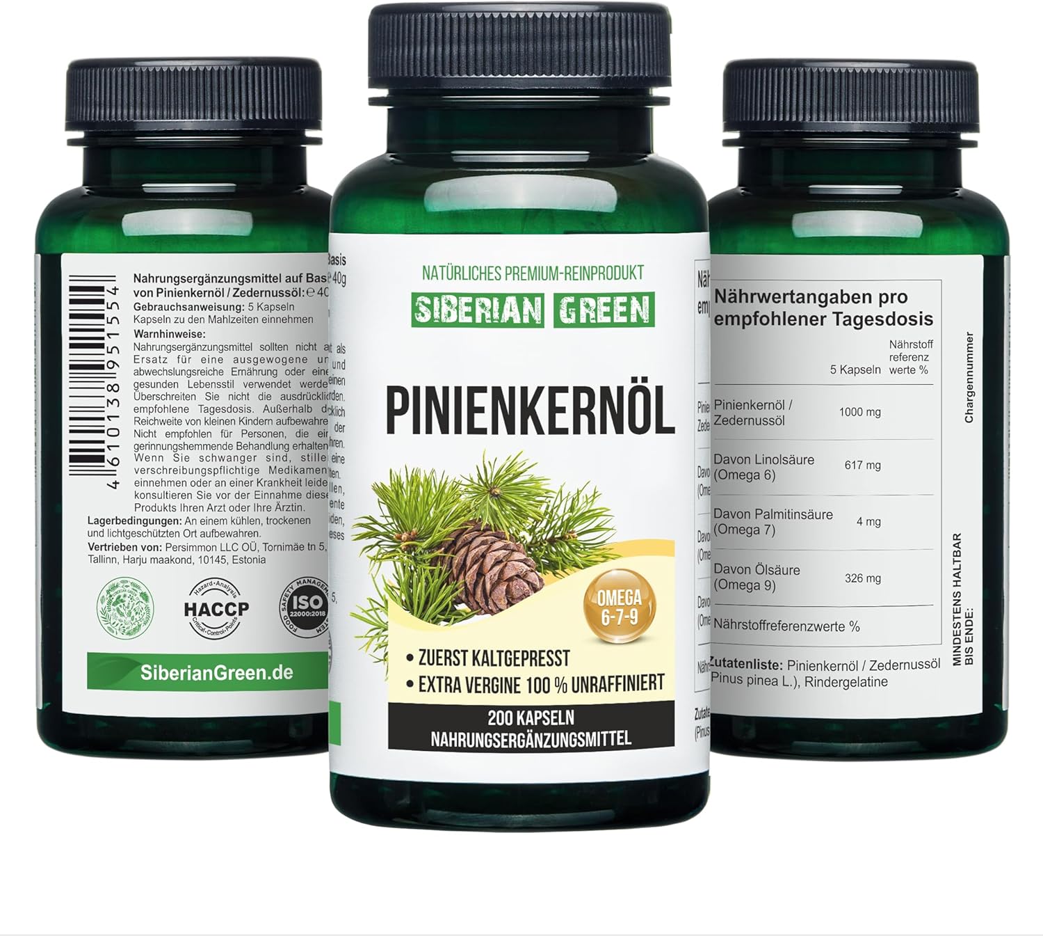 200 Softgel Siberian Green Pine Nut Oil Capsules - Wild Harvested from Siberia's Altai Region, Cold Pressed and Unrefined