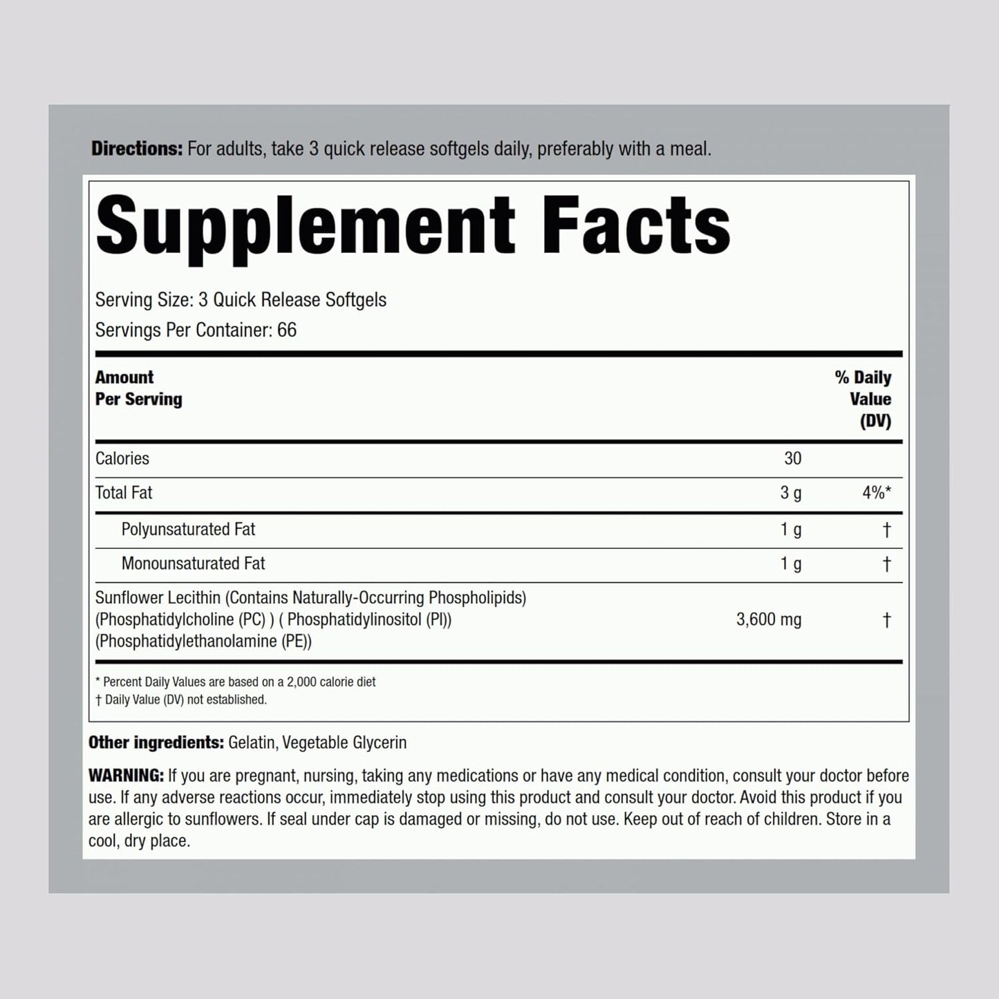200 Sunflower Lecithin Softgel Capsules | High in Phosphatidylcholine | Non-GMO, Soy & Gluten Free