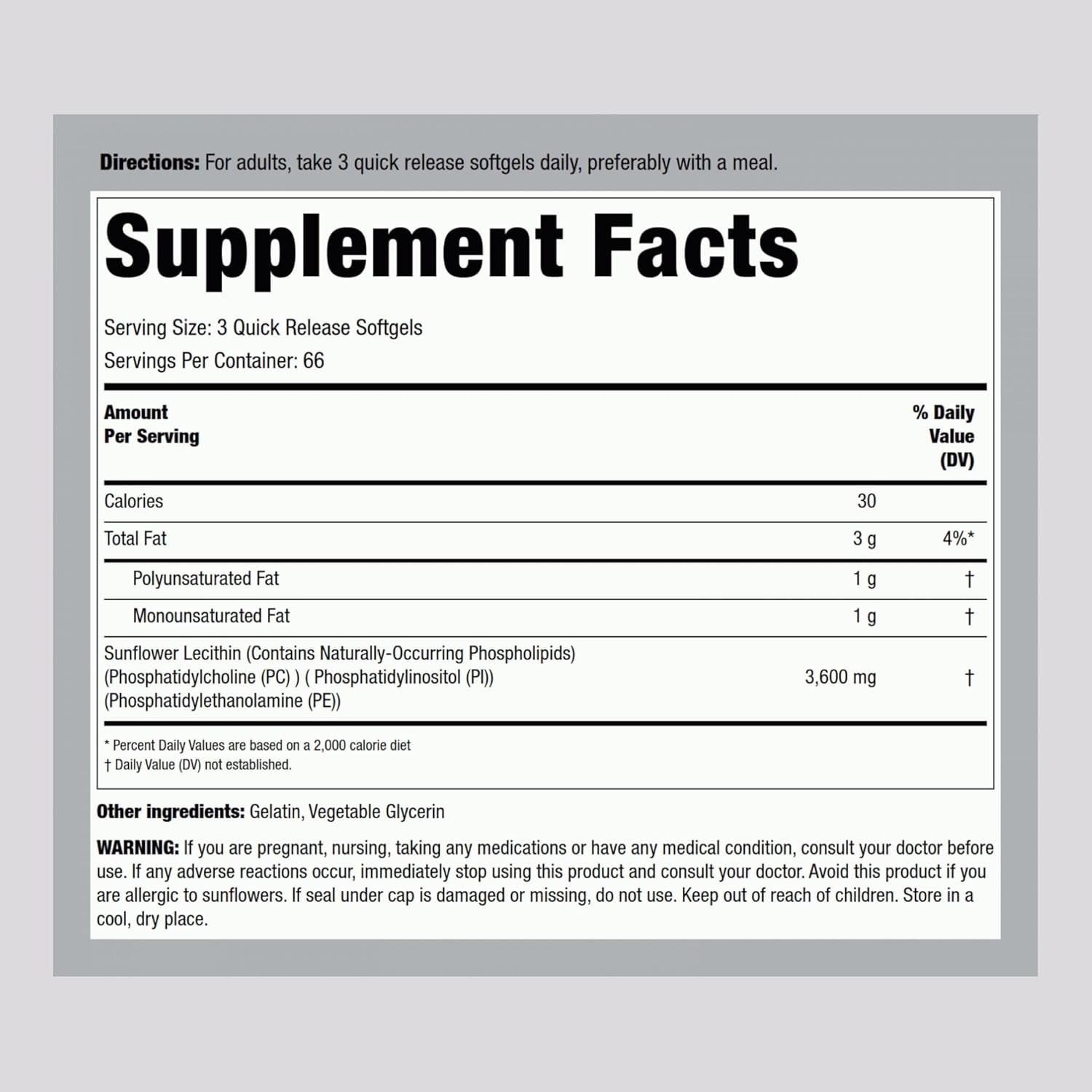 200 Sunflower Lecithin Softgel Capsules | High in Phosphatidylcholine | Non-GMO, Soy & Gluten Free