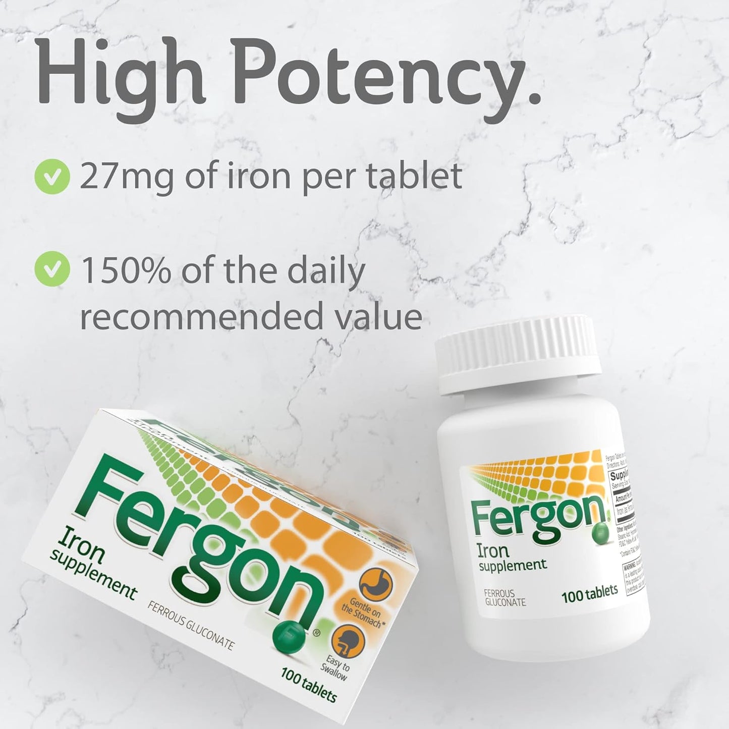 200 Tablets of Fergon High Potency Iron Supplement - Pack of 2