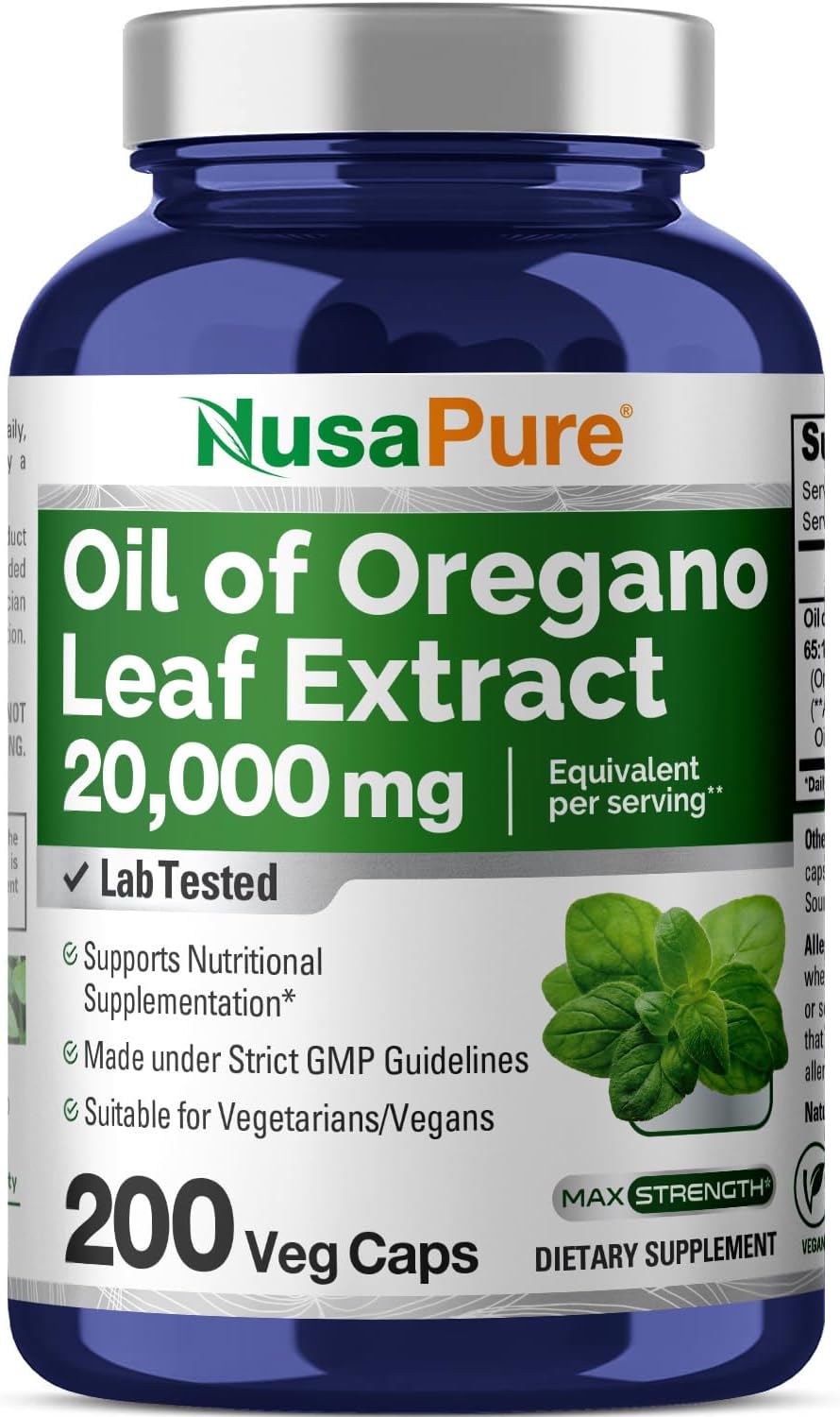 200 Veggie Capsules of NusaPure Oregano Oil Extract - 20000mg, Non-GMO, 65:1 Extract Ratio, High Carvacrol Content