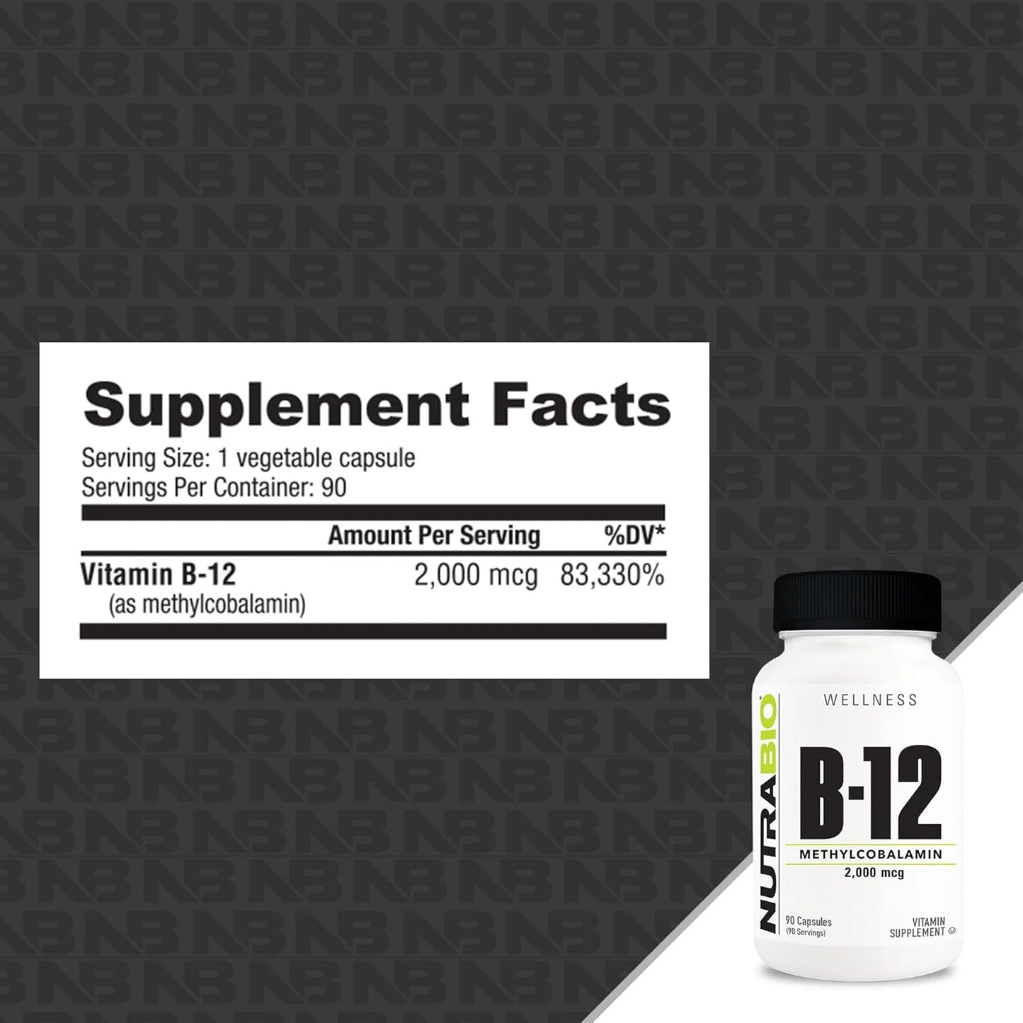 2000mcg Methyl B-12 Vitamin Supplement for Cellular Health - 90 Vegetable Capsules by NutraBio