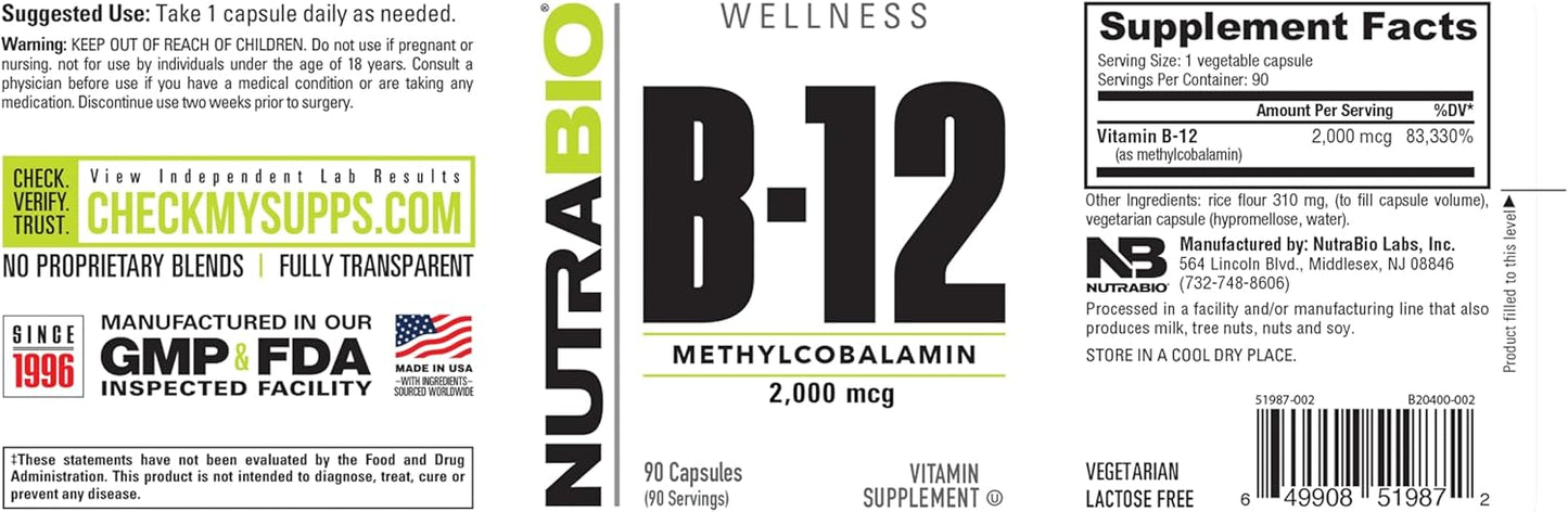 2000mcg Methyl B-12 Vitamin Supplement for Cellular Health - 90 Vegetable Capsules by NutraBio