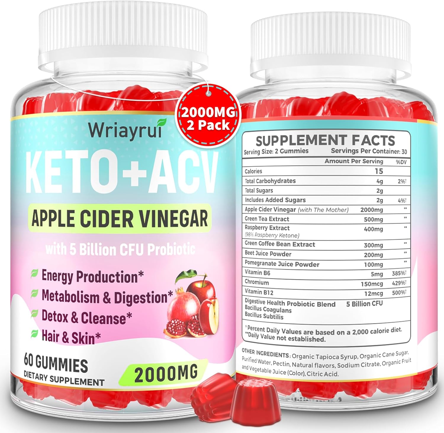 2000mg Apple Cider Vinegar Gummies with Probiotics & Vitamin B12 for Metabolism & Digestion - 120 Vegan-Friendly, Sugar-Free Gummies