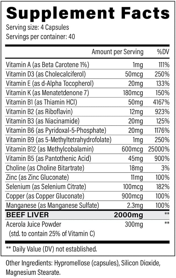 2000mg Beef Liver Capsules - Source of Iron, Vitamins A & B12 - Perfect Liver Supplement - Black Magic Nine Lives