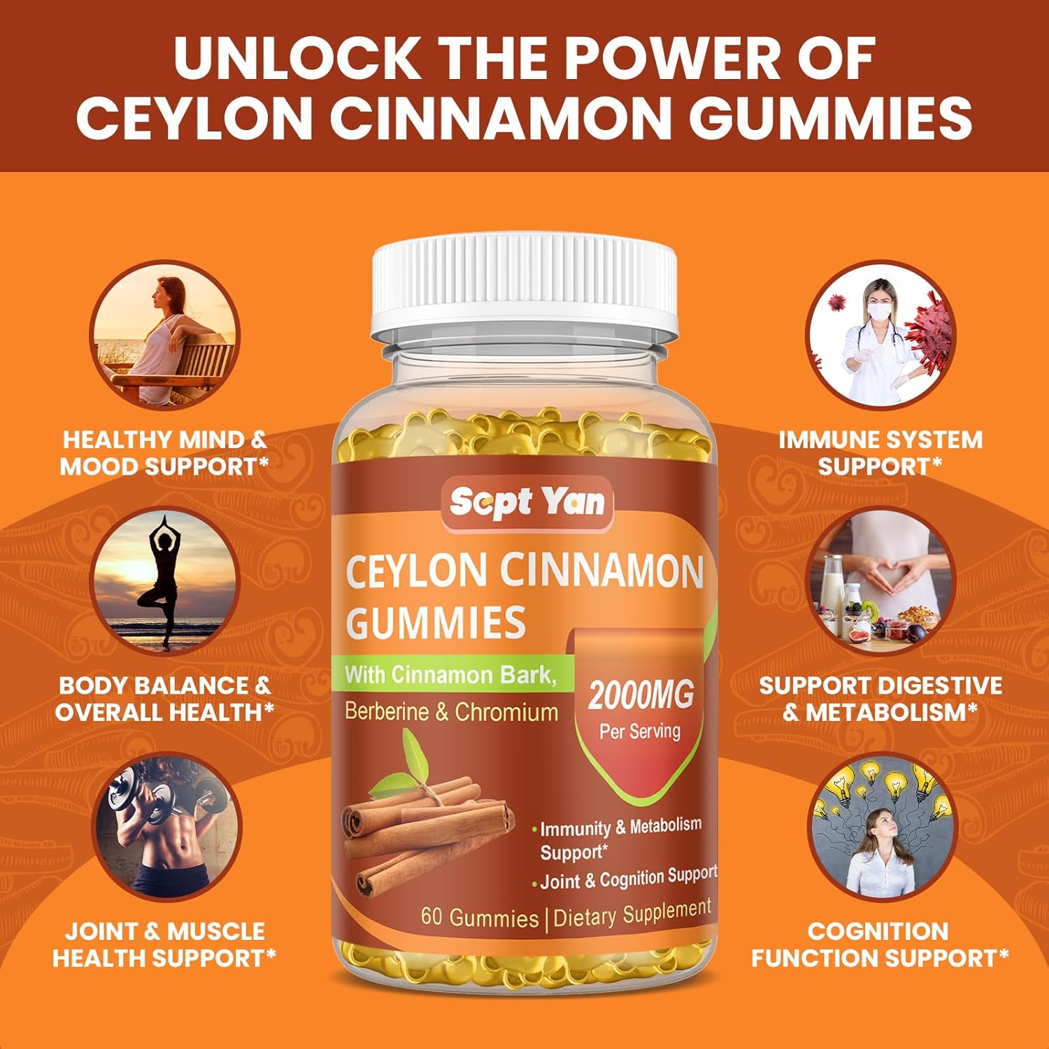 2000mg Ceylon Cinnamon Gummies with Berberine, Turmeric, Raspberry Flavor - Joint Pain, Metabolism, Brain Health, Immunity Support - 60 Vegan Chews