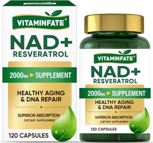 2000mg NAD+ & Resveratrol Capsules for Anti-Aging & Energy Boost - 120 Count - Men & Women's Metabolism & Antioxidant Support