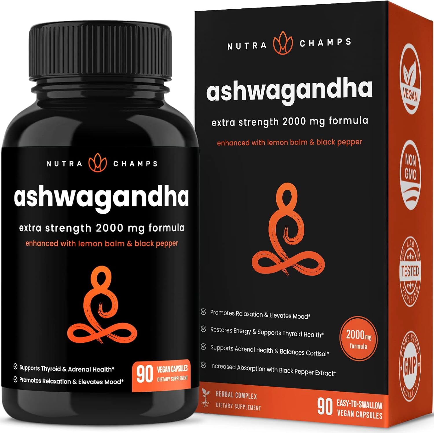 2000mg Organic Ashwagandha Capsules for Adrenal Fatigue & Thyroid Support with Lemon Balm & Black Pepper for Superior Absorption