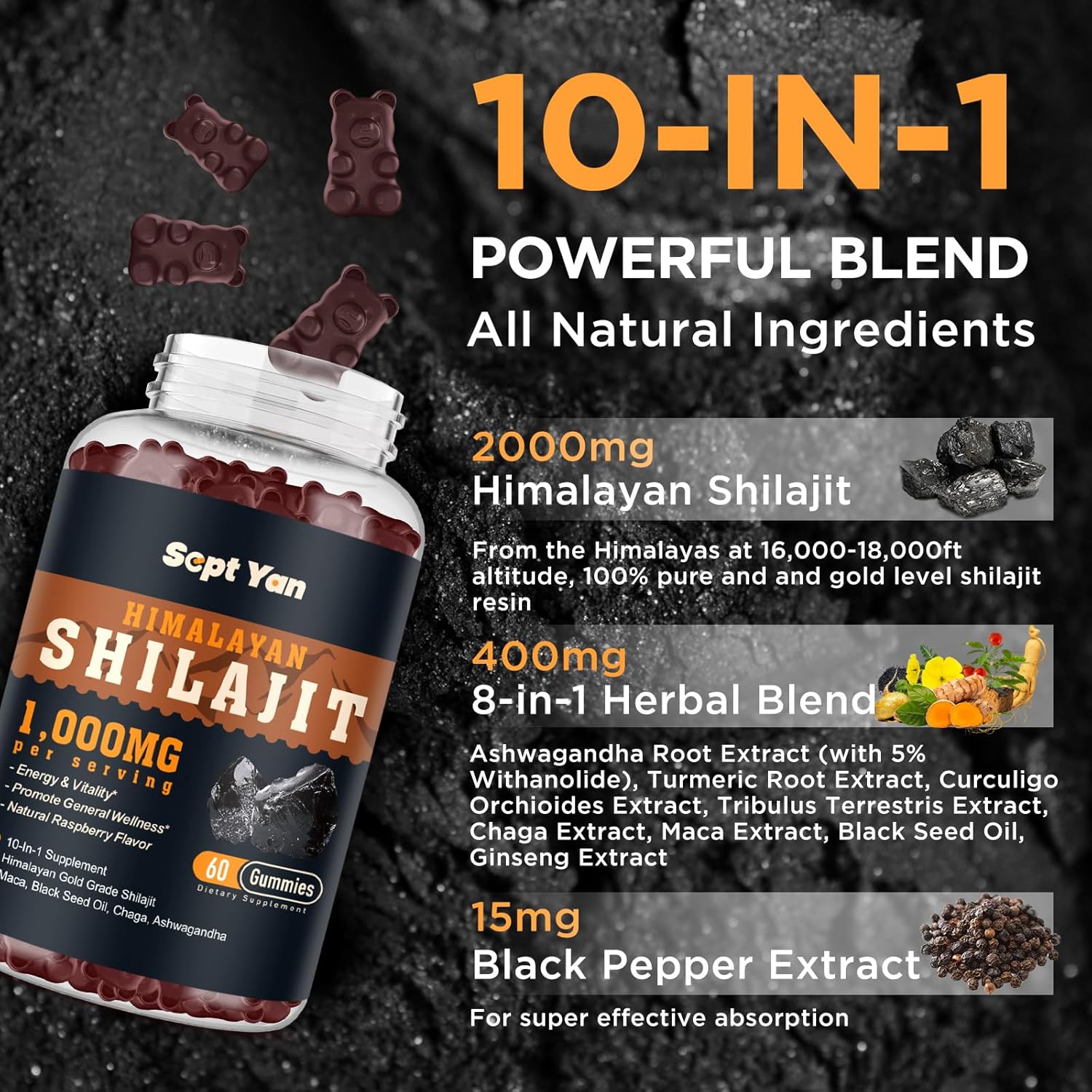 2000mg Organic Shilajit Gummies with 85+ Trace Minerals - Ashwagandha, Maca, Black Seed Oil - Energy, Brain, Immunity Support - Sugar Free Raspberry - 60ct