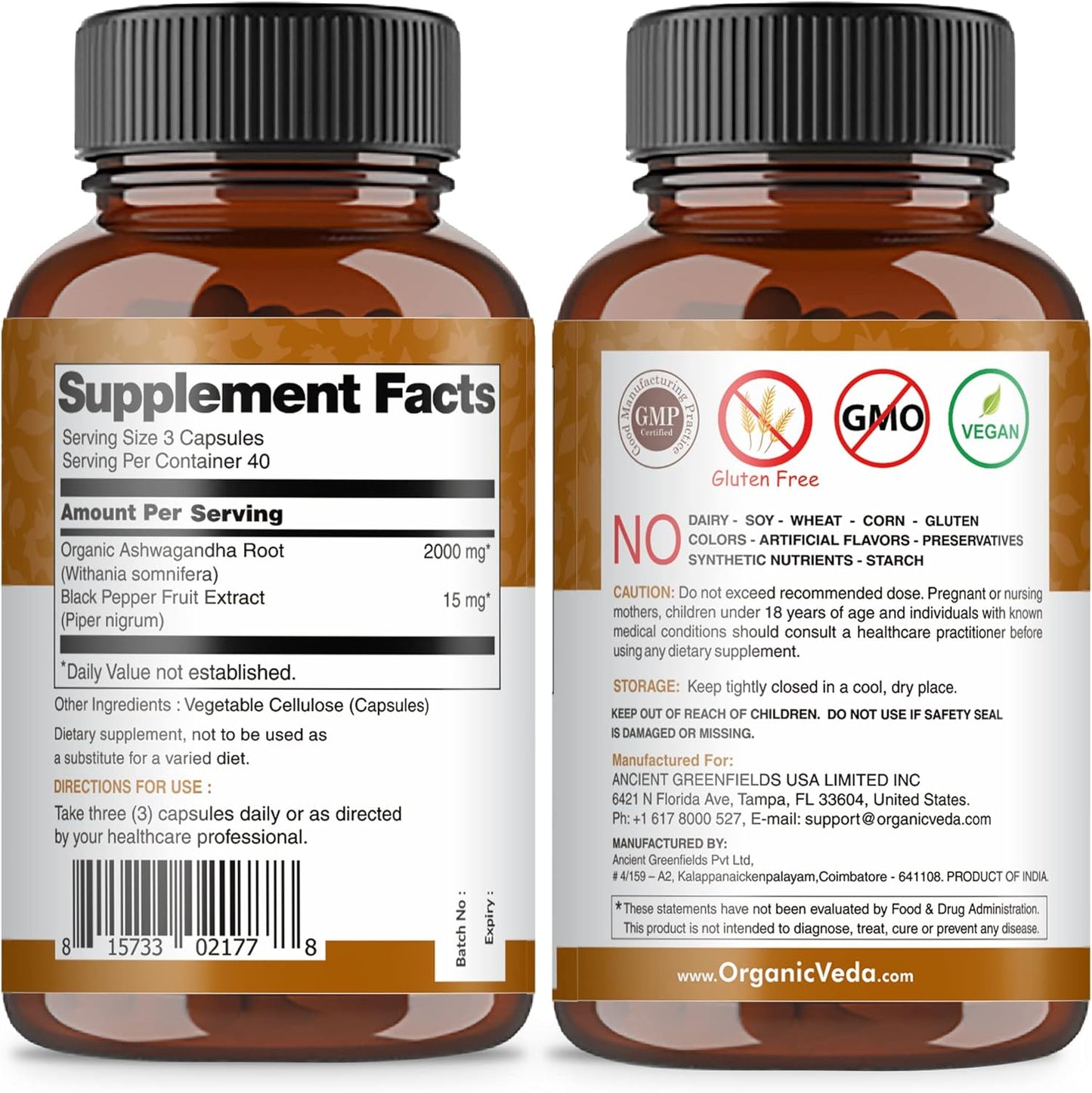 2000mg Organic Veda Ashwagandha Capsules with Black Pepper Extract - Boost Energy, Immunity, Mood - 120 Count Vegan Supplement