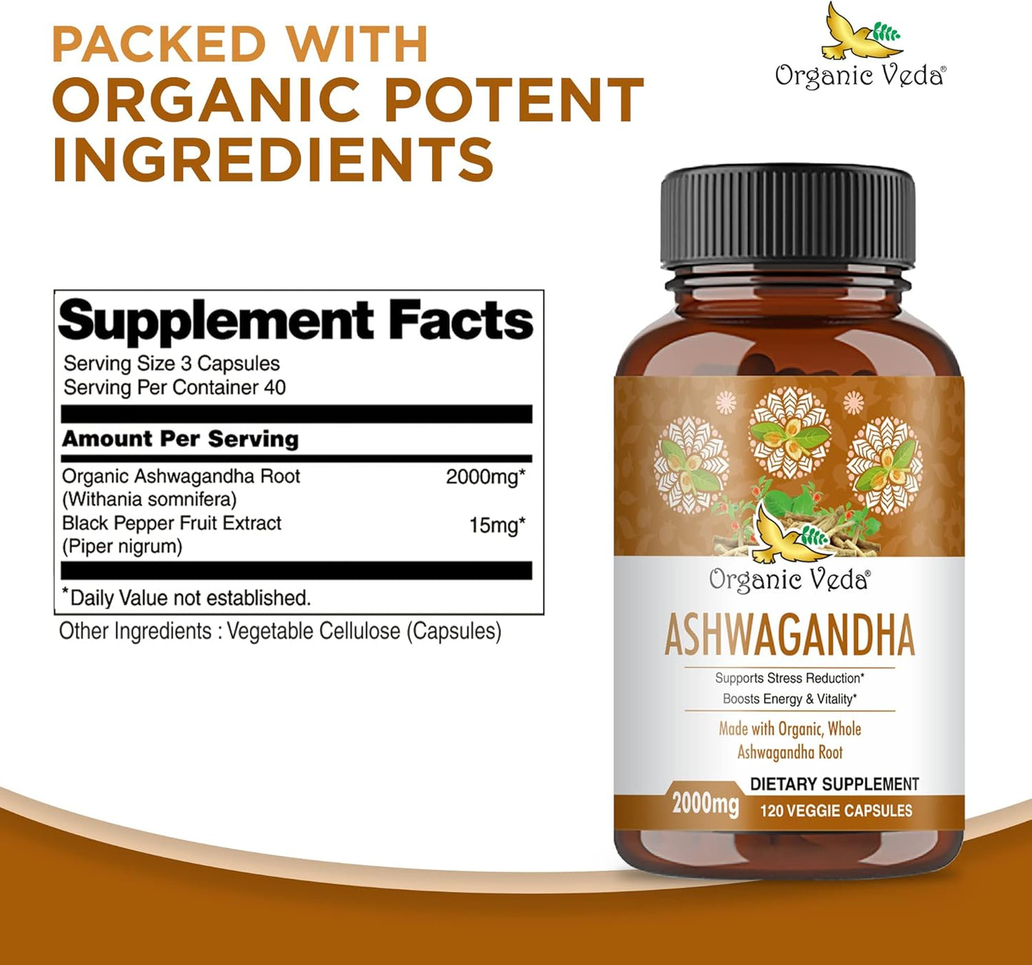 2000mg Organic Veda Ashwagandha Capsules with Black Pepper Extract - Boost Energy, Immunity, Mood - 120 Count Vegan Supplement