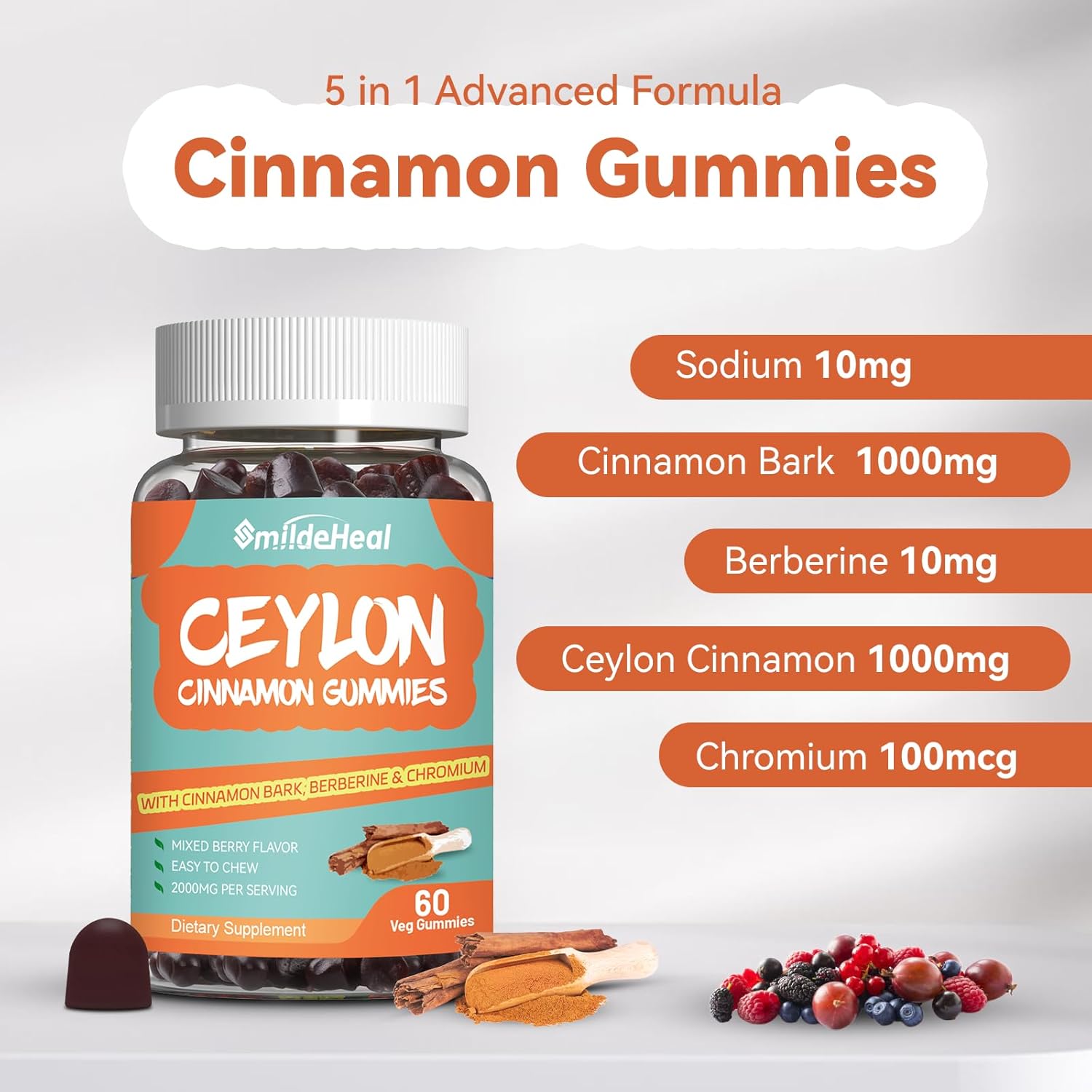 2000MG Sugar Free Ceylon Cinnamon Gummies with Chromium and Cinnamon Bark - Vegan and Gluten Free Supplement with 60 Gummies