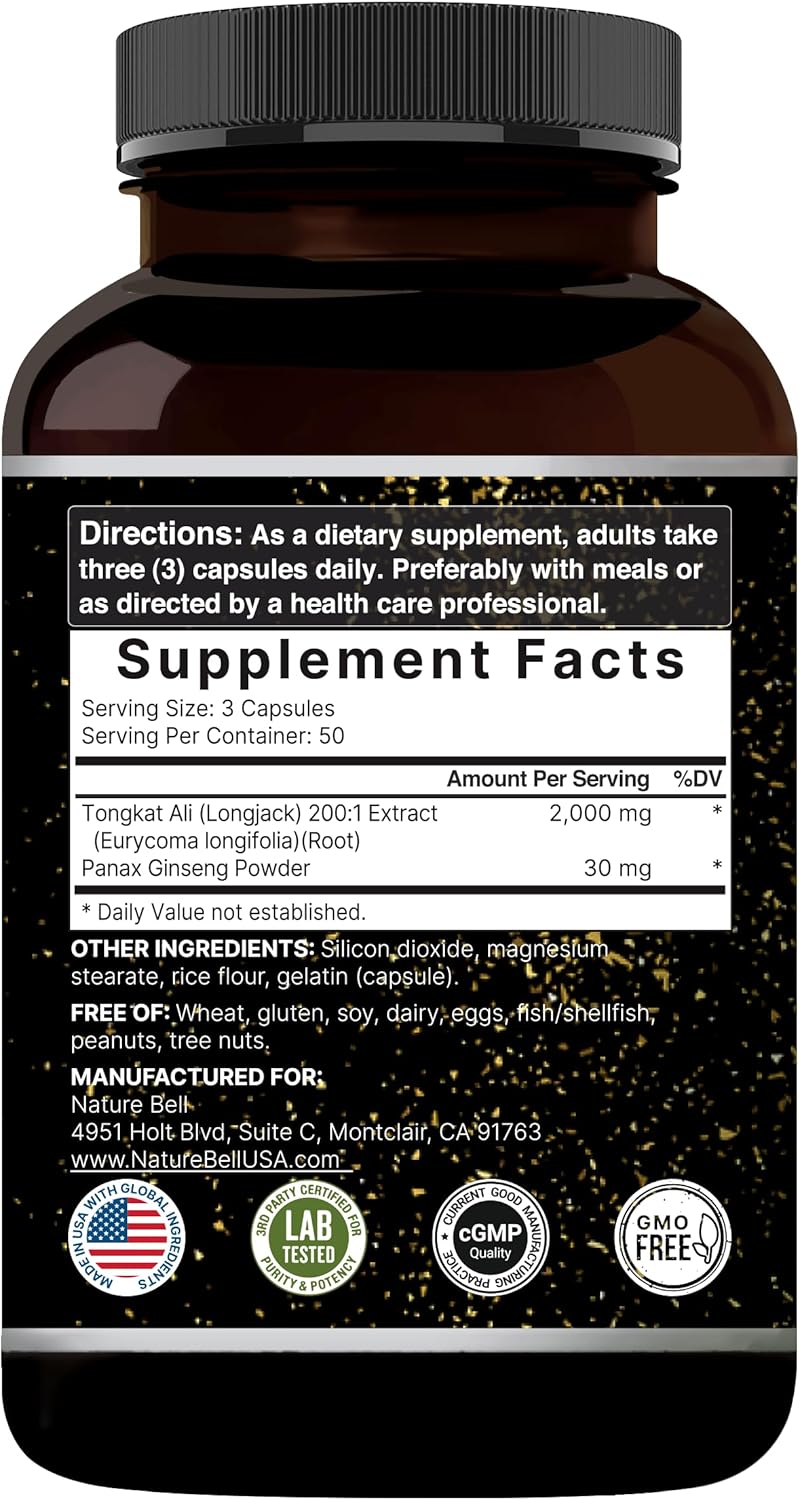 2000mg Tongkat Ali 200:1 Extract Capsules with Panax Ginseng for Energy & Stamina - 150ct by NatureBell