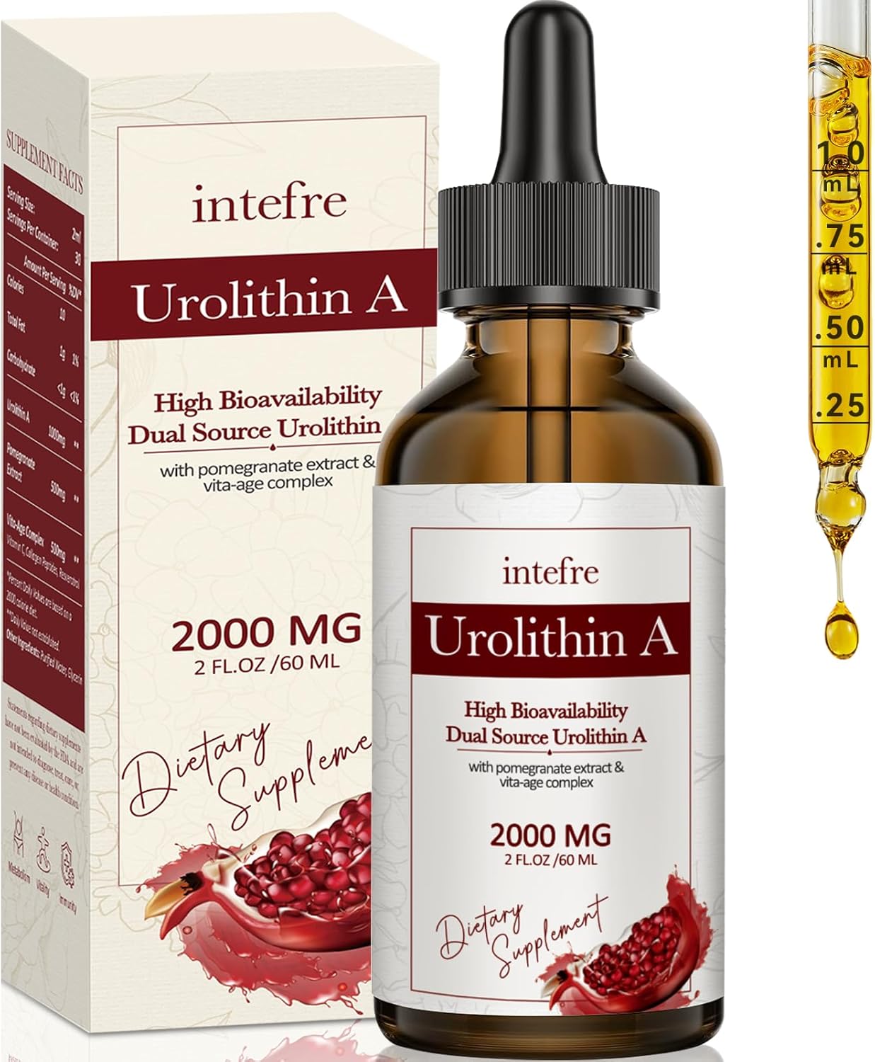 2000mg Urolithin A Liquid Drops with Pomegranate Extract for Healthy Aging & Cell Repair