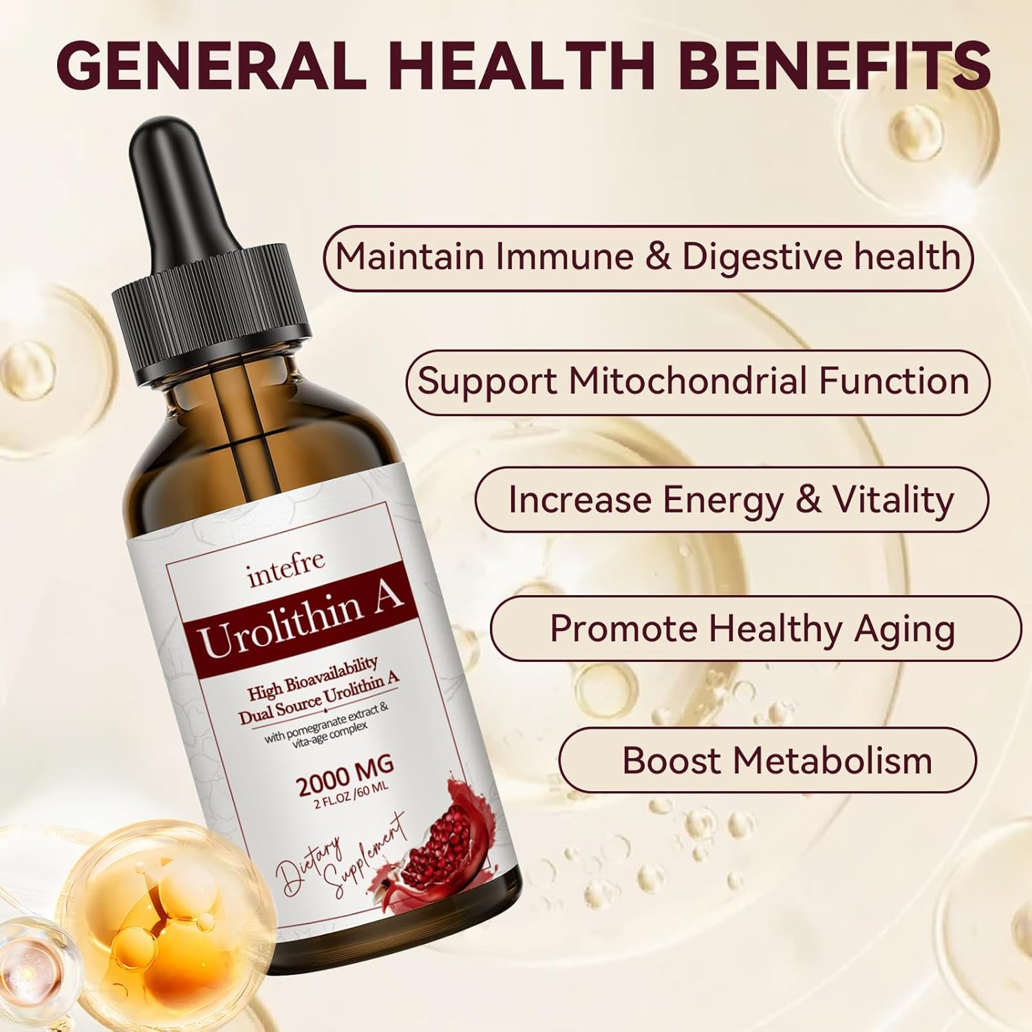 2000mg Urolithin A Liquid Drops with Pomegranate Extract for Healthy Aging & Cell Repair