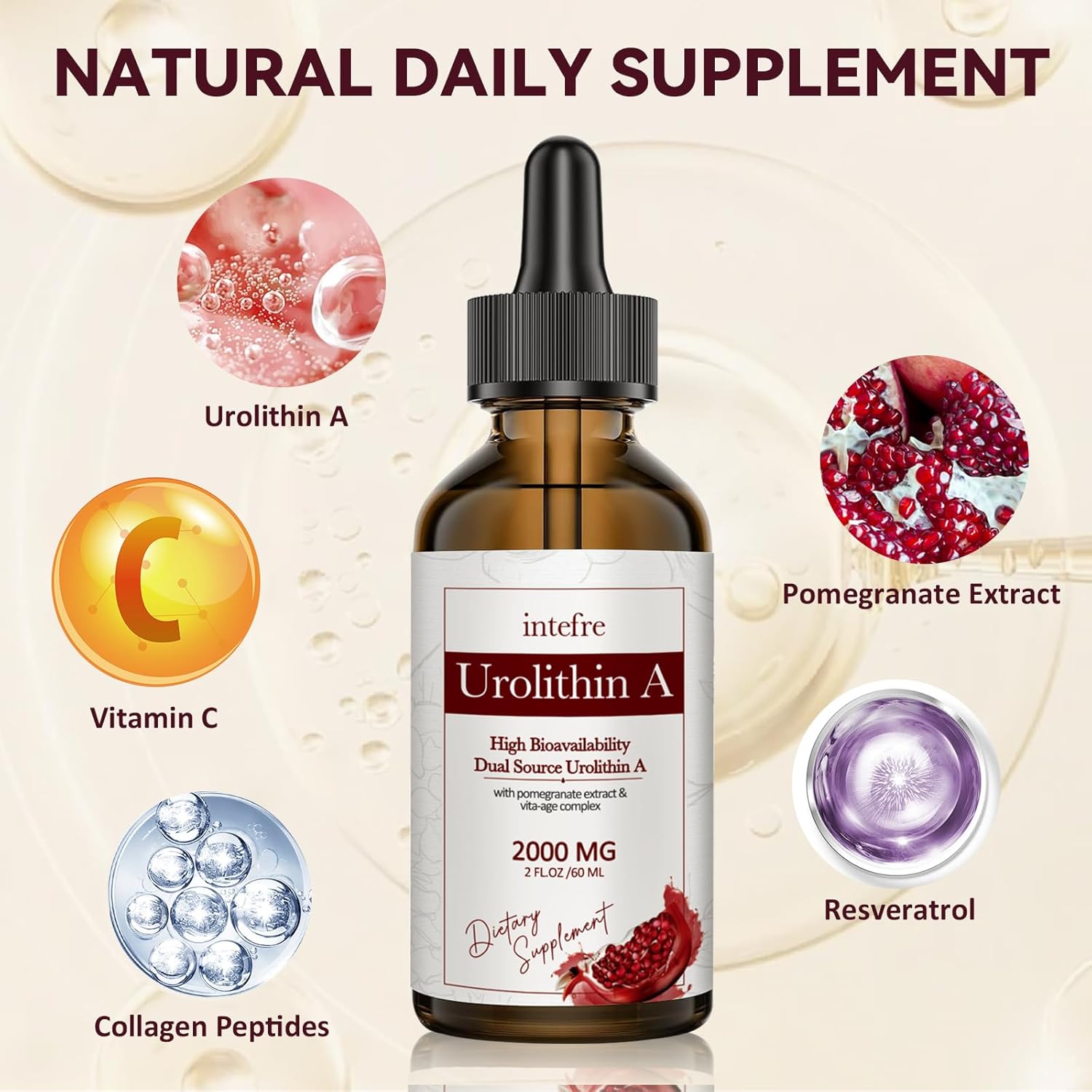 2000mg Urolithin A Liquid Drops with Pomegranate Extract for Healthy Aging & Cell Repair