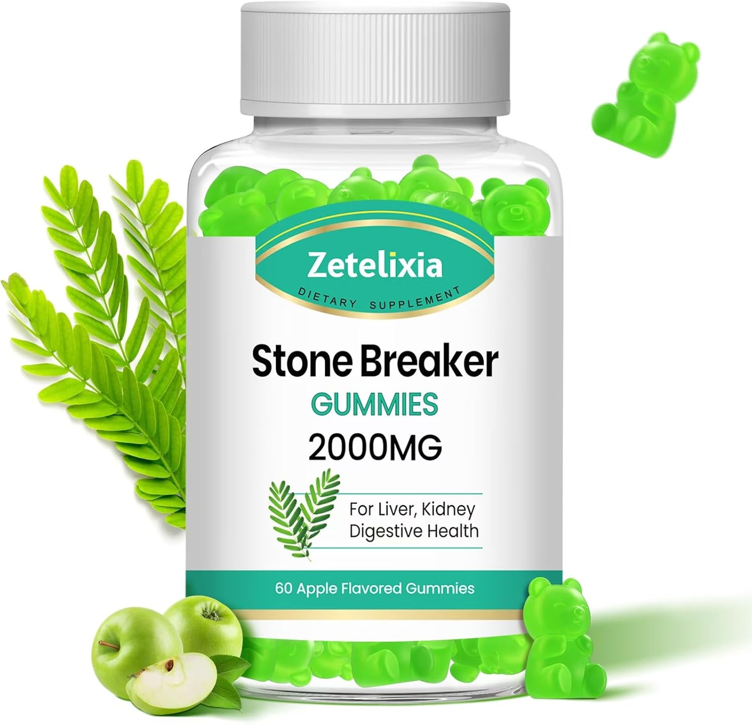 2000mg Zetelixia Chanca Piedra Stone Breaker Gummies - Herbal Supplement for Kidney Cleanse, Gallbladder Health - Dissolves Kidney Stones - Sugar Free, Vegan, Non-GMO - Apple Flavor, 60 Count