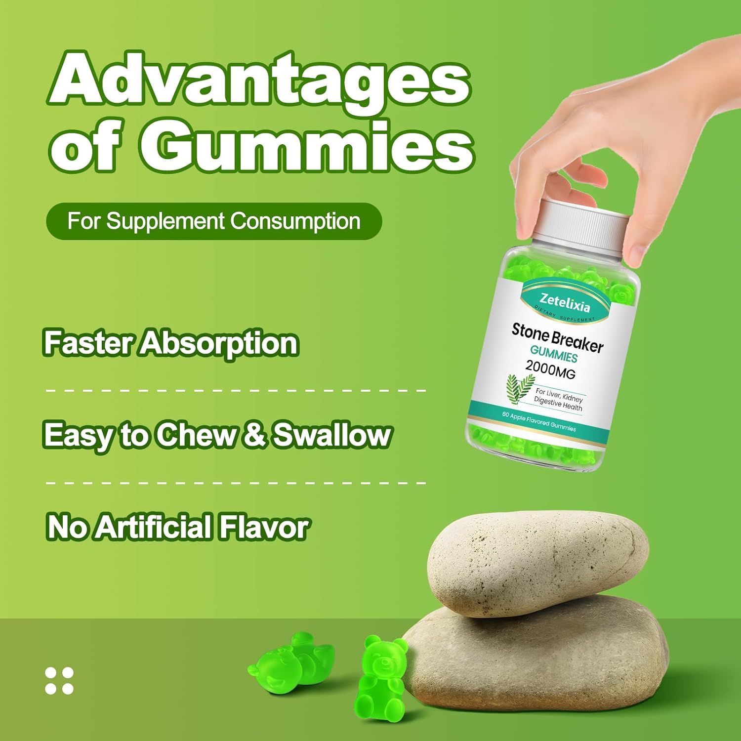 2000mg Zetelixia Chanca Piedra Stone Breaker Gummies - Herbal Supplement for Kidney Cleanse, Gallbladder Health - Dissolves Kidney Stones - Sugar Free, Vegan, Non-GMO - Apple Flavor, 60 Count