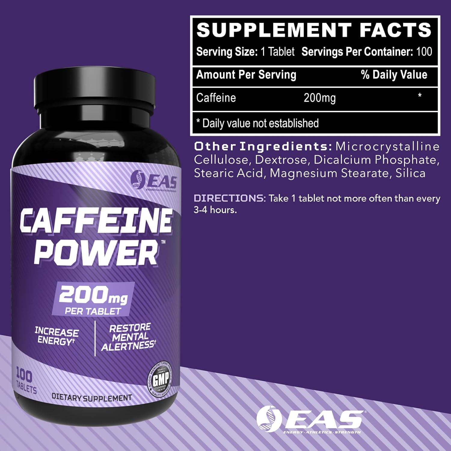 200mg Caffeine Pills Supplement for Energy and Mental Alertness - Gluten Free, Non GMO, Vegetarian - 100 Tablets