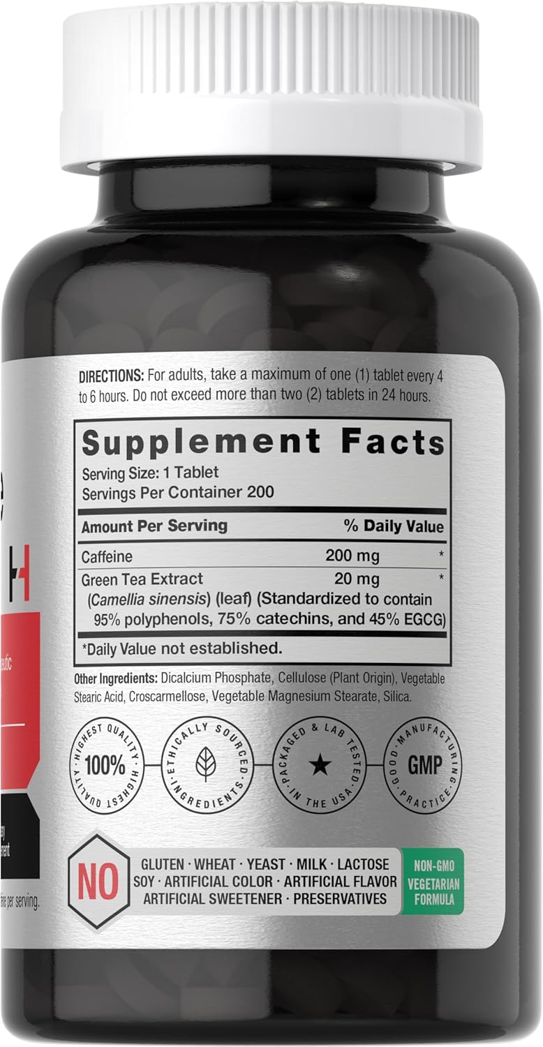 200mg Caffeine Pills with Green Tea Extract | 200 Tablets Vegetarian, Non-GMO & Gluten Free by Horbäach