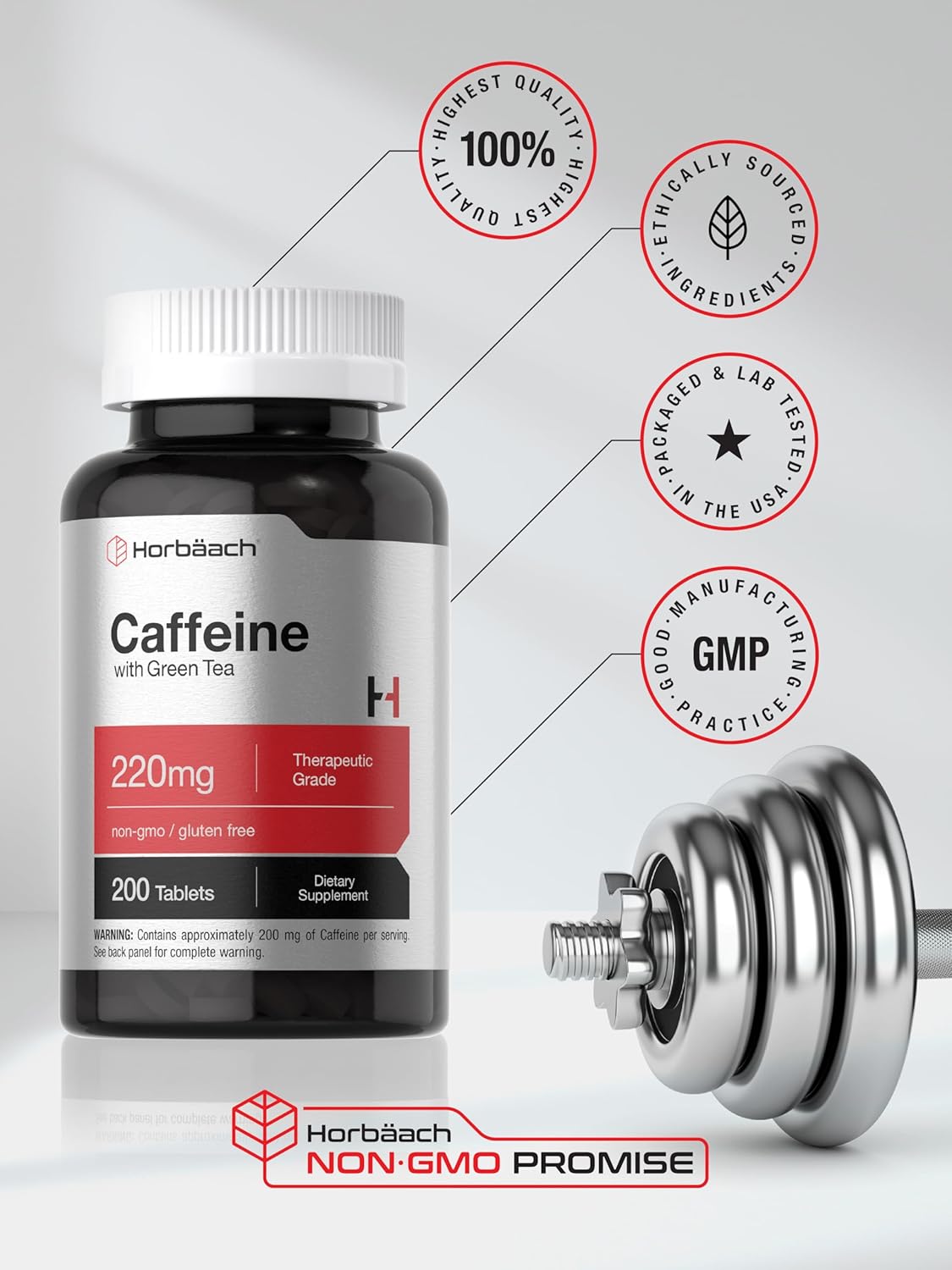 200mg Caffeine Pills with Green Tea Extract | 200 Tablets Vegetarian, Non-GMO & Gluten Free by Horbäach