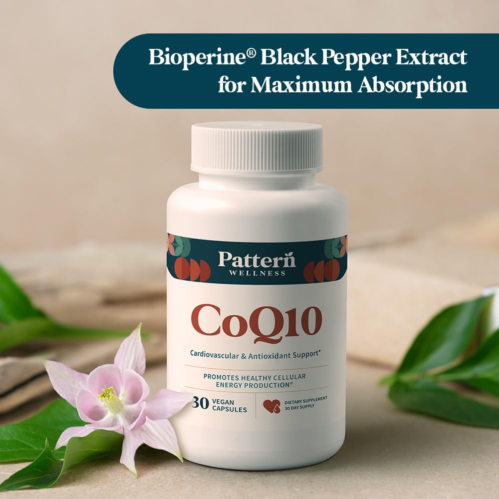 200mg CoQ10 Ubiquinone with Bioperine Black Pepper Extract - Cardiovascular & Energy Support - Non-GMO - 30 Vegan Capsules by Pattern Wellness