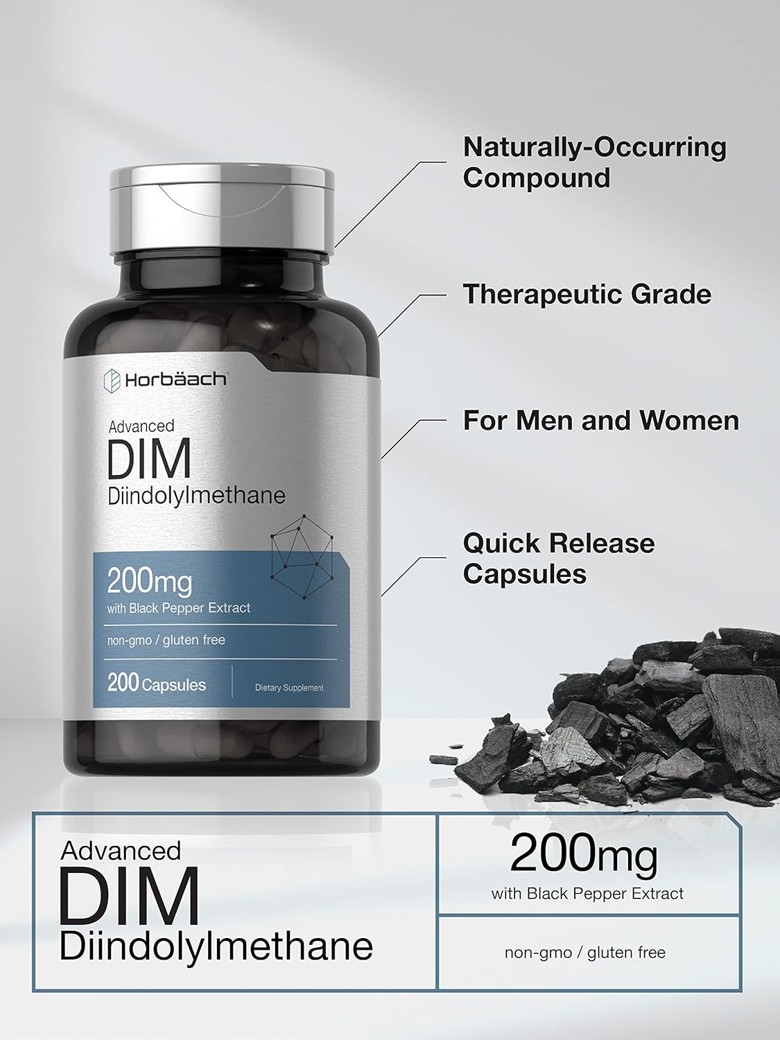 200mg Diindolylmethane (DIM) Supplement with Black Pepper Extract - 200 Capsules for Women and Men - Non-GMO & Gluten Free