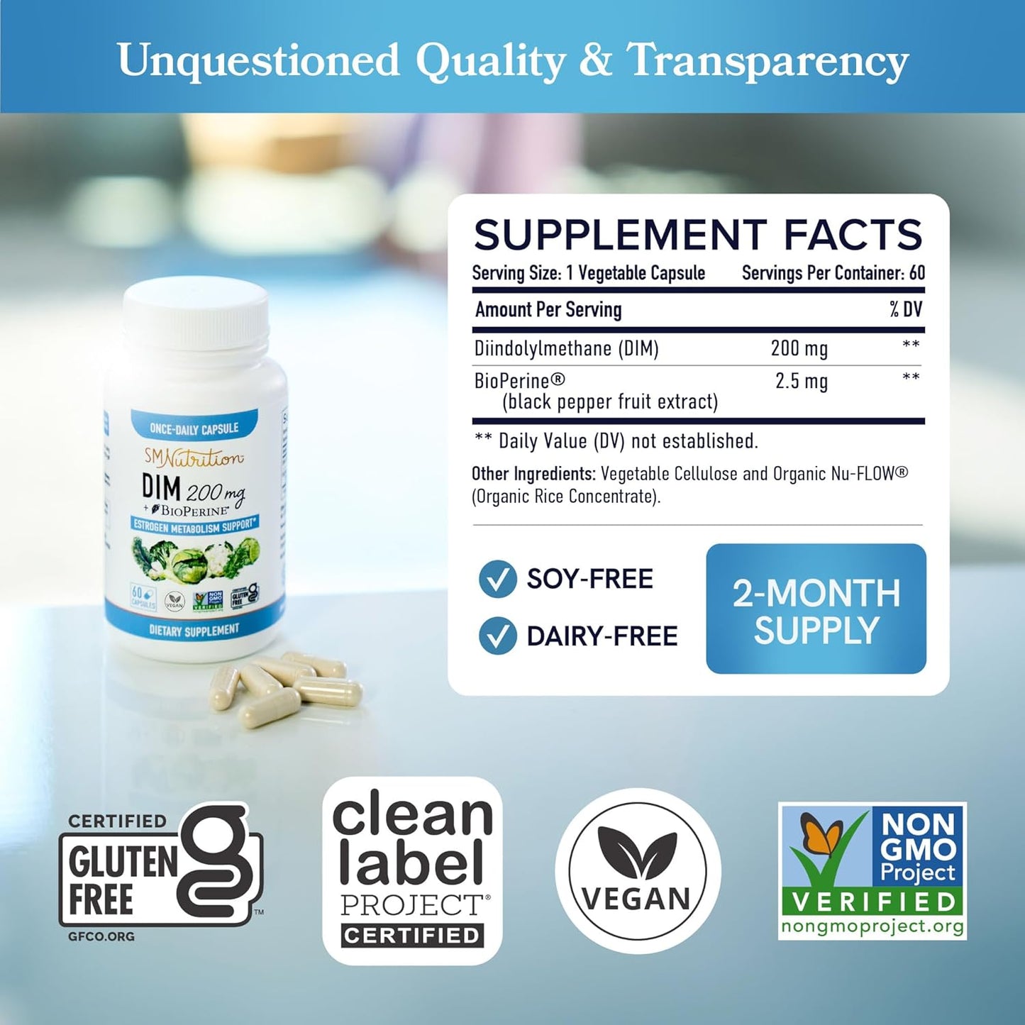 200mg DIM Supplement for Hormonal Balance & Acne | Menopause Support | Vegan & Soy Free | 60 Ct.