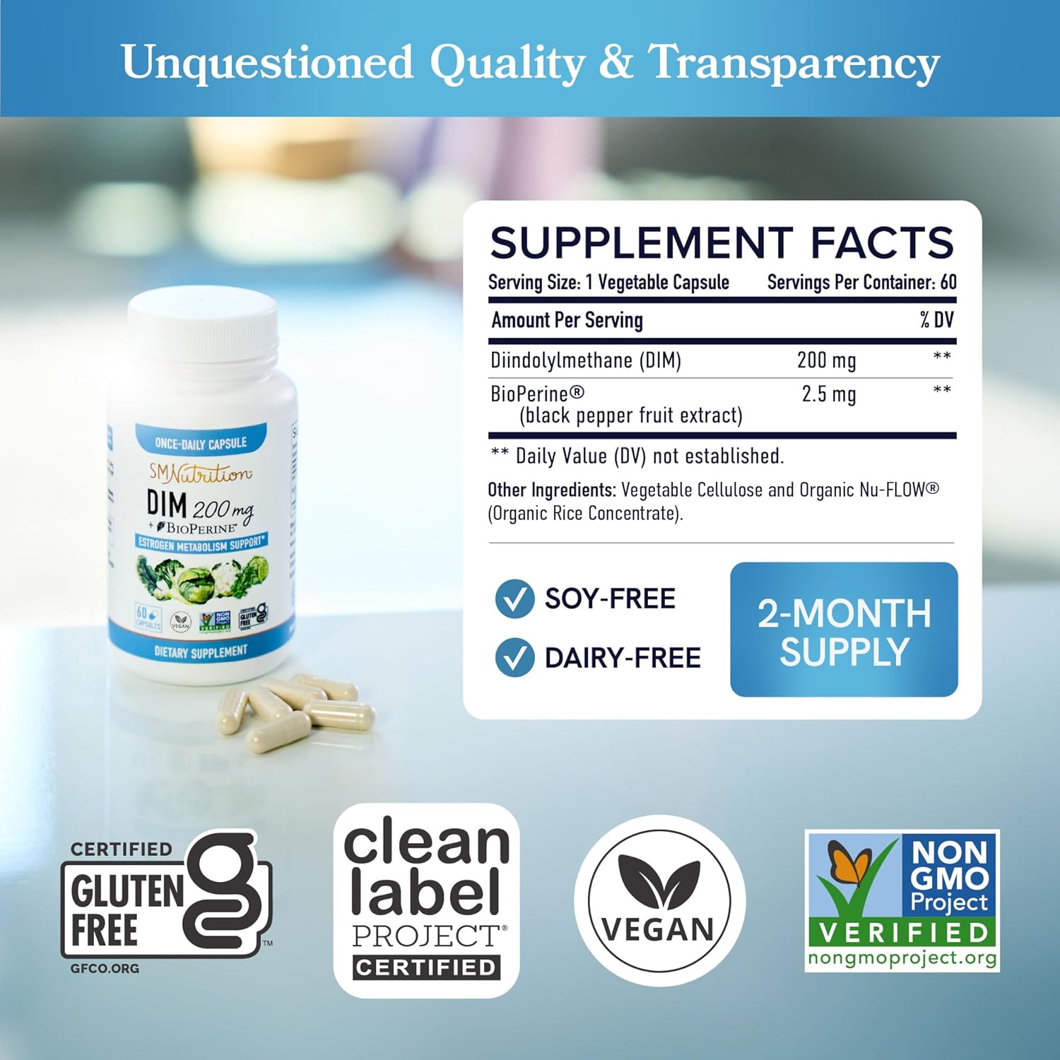 200mg DIM Supplement for Hormonal Balance & Acne | Menopause Support | Vegan & Soy Free | 60 Ct.