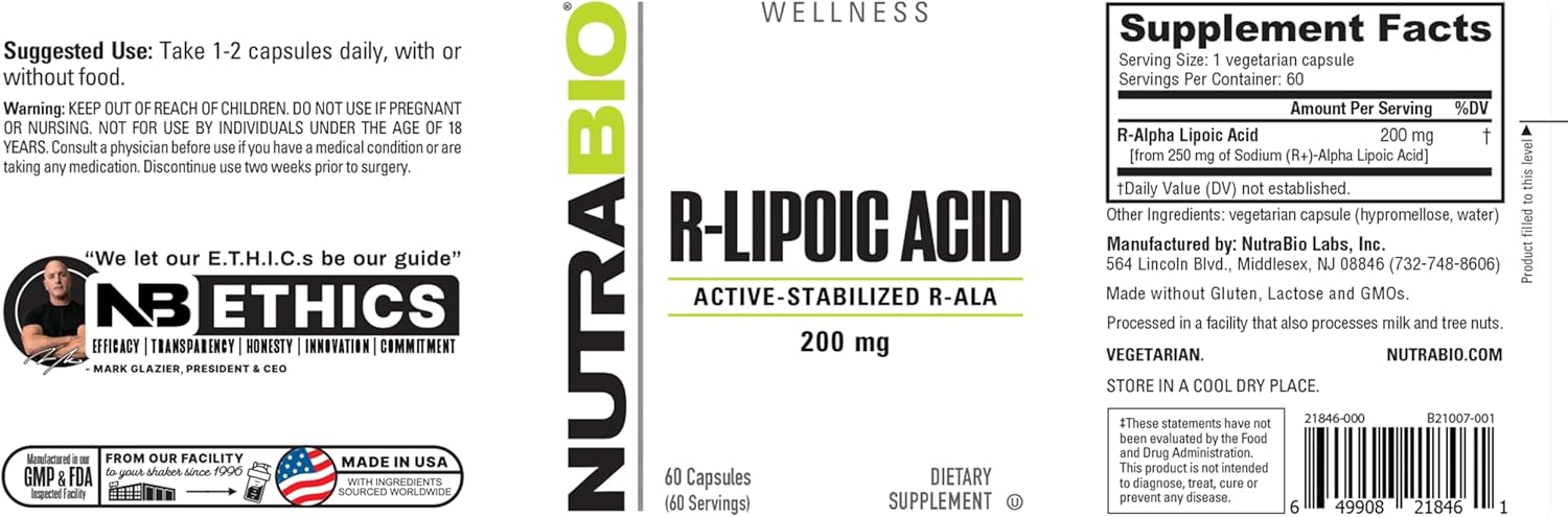 200mg NutraBio R-Lipoic Acid Supplement - Stabilized R-ALA Formula for Better Absorption - Supports Health and Wellness - 60 Capsules
