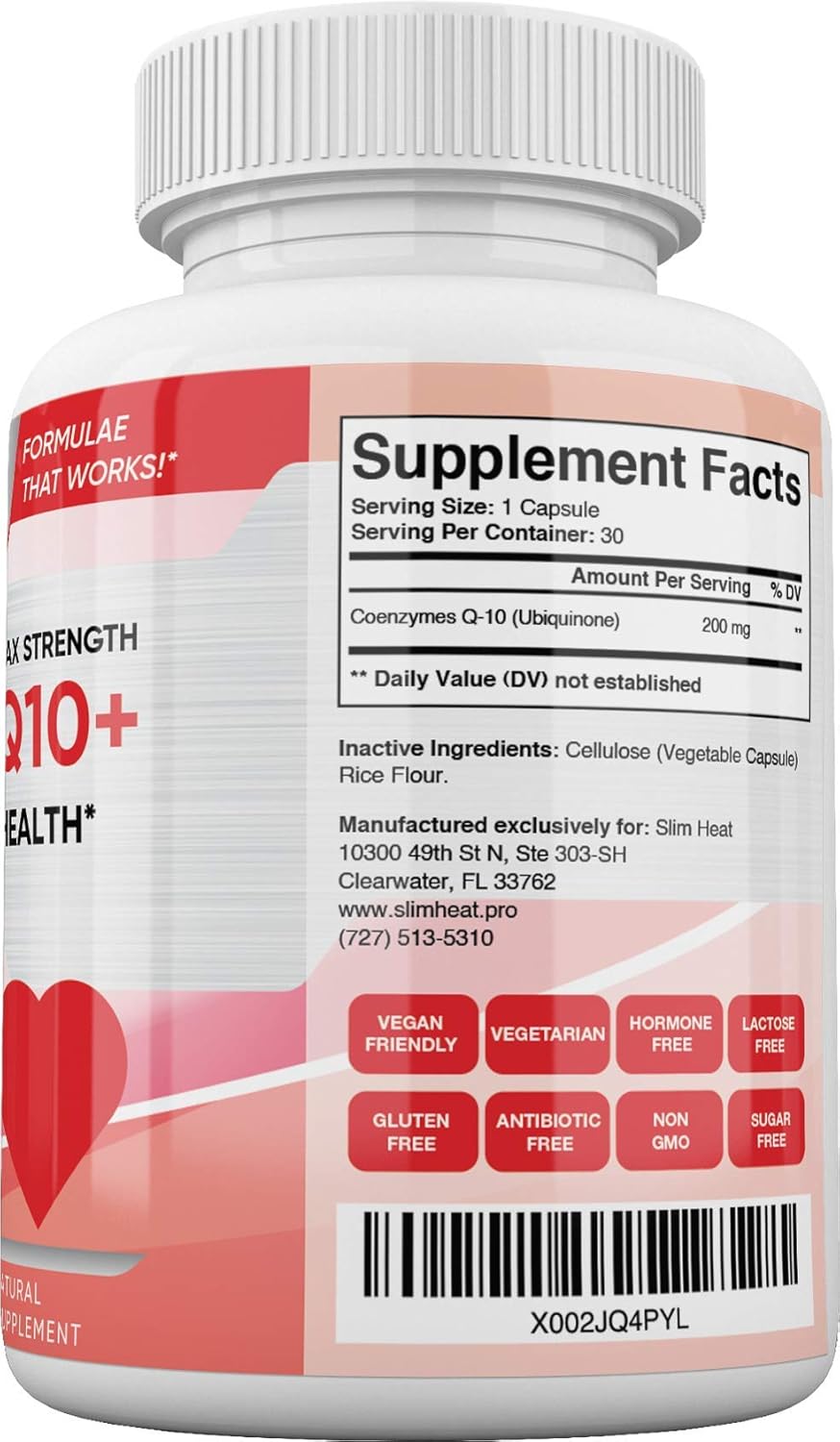 200mg Slim Heat CoQ10: Fast-Absorbing Coenzyme Q10 for Heart Health - Natural Supplement for Men & Women - Non-GMO, Made in USA - 30 Day Supply