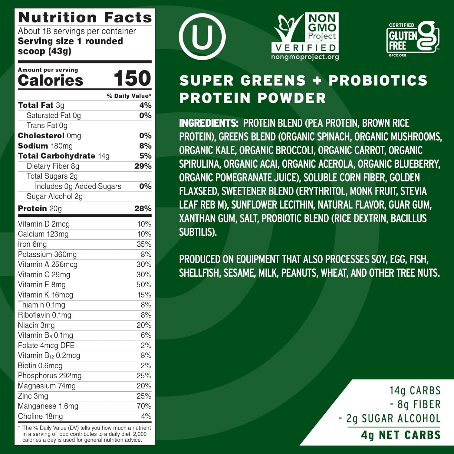 20g Plant-Based Protein Powder with 9 Essential Amino Acids, Super Greens, and Probiotics - Ideal for a Healthy Breakfast Start