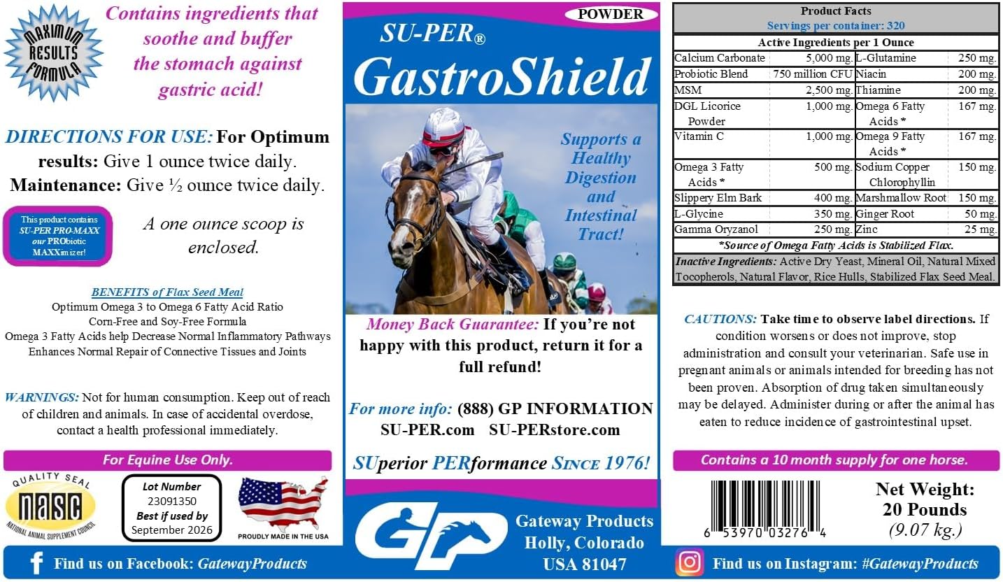 20lb SU-PER GastroShield Probiotics Powder for Horses - Digestion Supplement for Gastric Health - Supports Intestinal Tract - 10 Month Supply