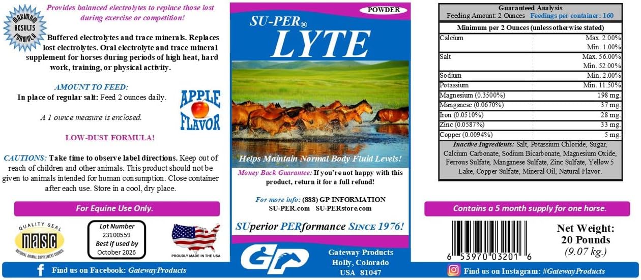 20lb SU-PER Lyte Horse Electrolyte Supplement - Performance Minerals & Electrolytes for Horses - Maintains Body Fluid Levels - 5 Month Supply