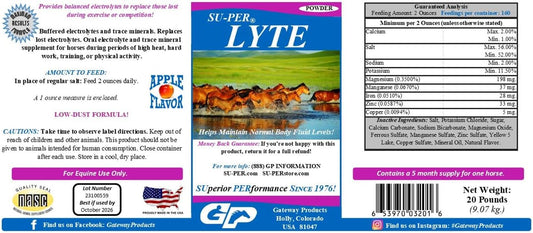 20lb SU-PER Lyte Horse Electrolyte Supplement - Performance Minerals & Electrolytes for Horses - Maintains Body Fluid Levels - 5 Month Supply