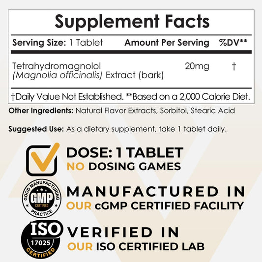 20mg Tetrahydromagnolol Quick Dissolve Tablets for Healthy Inflammation & Mood Support - 60 Count