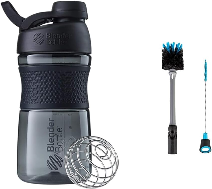 20oz BlenderBottle SportMixer Shaker Bottle for Protein Shakes & Pre Workout with 2-in-1 Cleaning Brush - Black/Gray