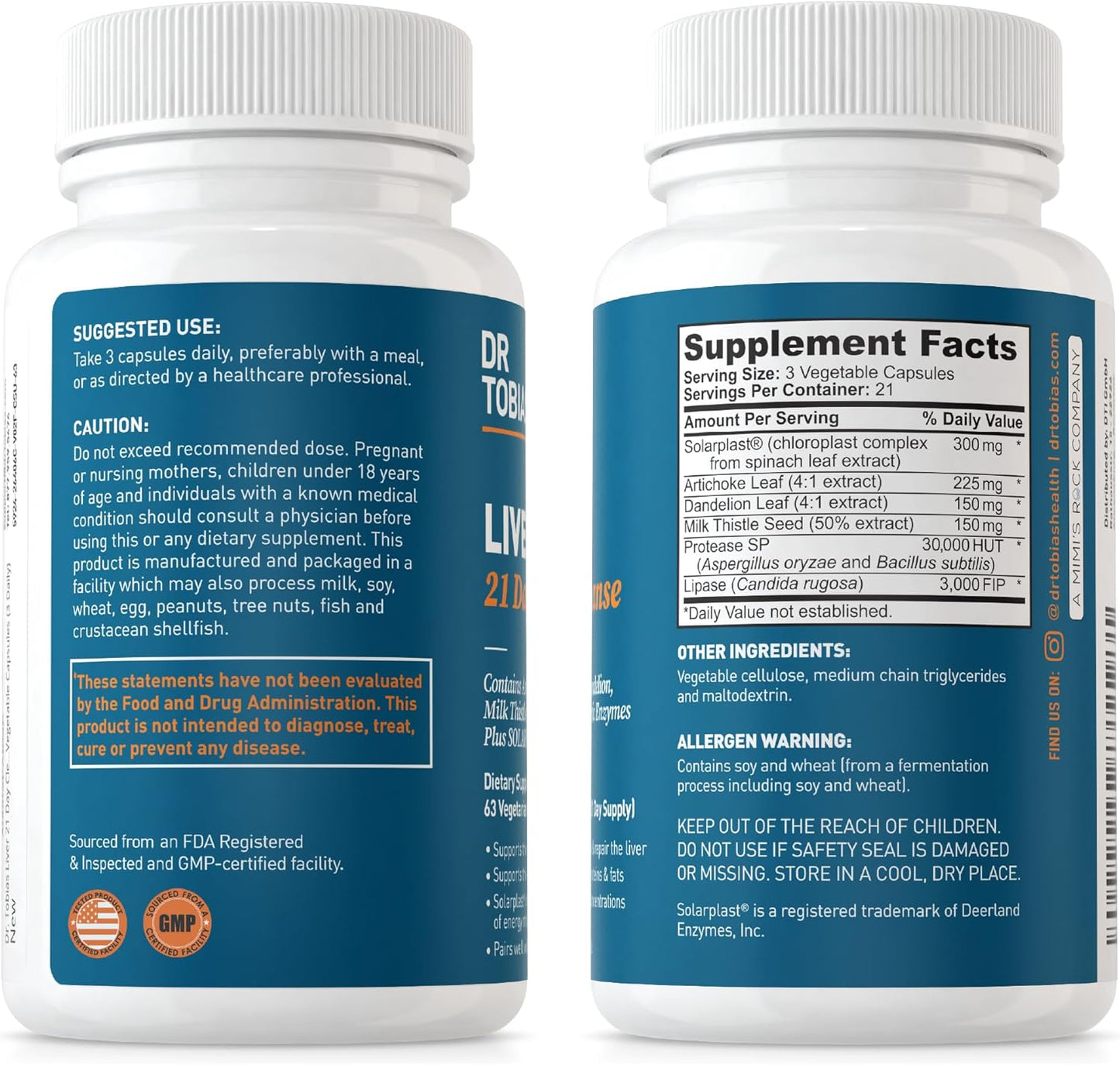 21 Day Herbal Liver Detox Cleanse with Solarplast, Artichoke, Milk Thistle & Dandelion Extract - 63 Capsules