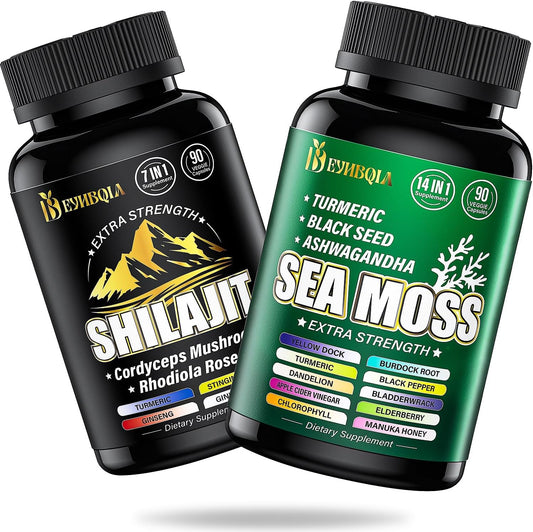 21-in-1 Sea Moss and Shilajit Supplement Bundle - 90 Day Supply - Black Seed Oil, Ashwagandha, Turmeric, Rhodiola Rosea, Burdock, Bladderwrack - 2 Pack