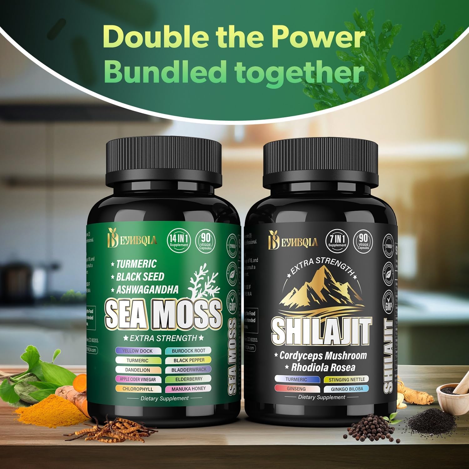21-in-1 Sea Moss, Shilajit, and Herbal Bundle - 90 Vegan Capsules - Natural Supplements with Black Seed Oil, Ashwagandha, Turmeric, Rhodiola Rosea, Burdock, Bladderwrack - 2 Pack