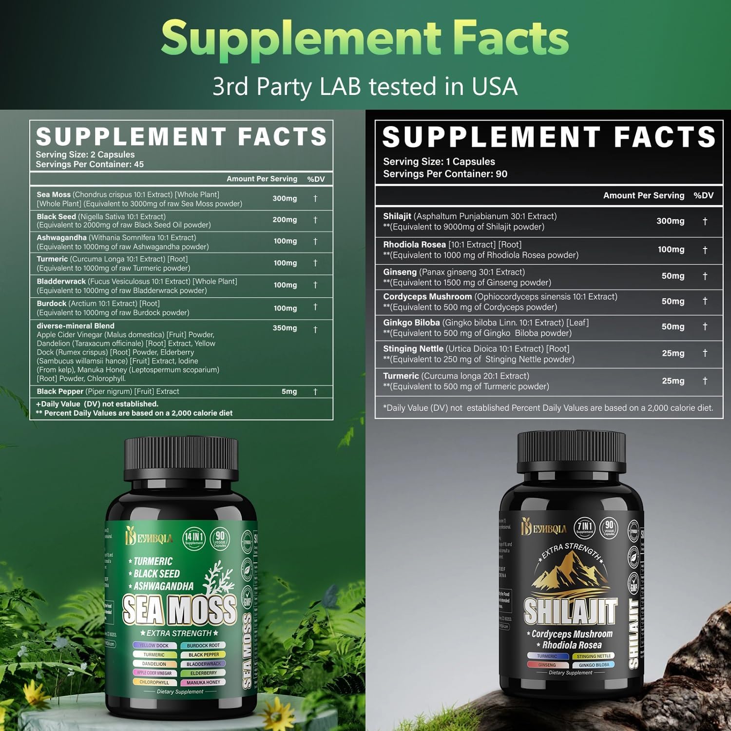 21-in-1 Sea Moss, Shilajit, and Herbal Bundle - 90 Vegan Capsules - Natural Supplements with Black Seed Oil, Ashwagandha, Turmeric, Rhodiola Rosea, Burdock, Bladderwrack - 2 Pack