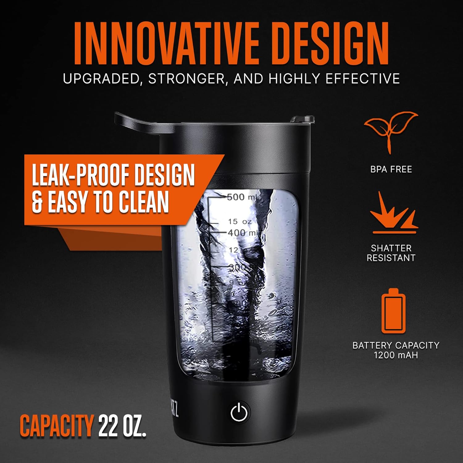 22 Oz Rechargeable Electric Shaker Bottle - Leak-proof Protein Shake Blender - Quick Smooth Drink in 15 Seconds - Ideal for Gym, Coffee, Milkshakes - Black