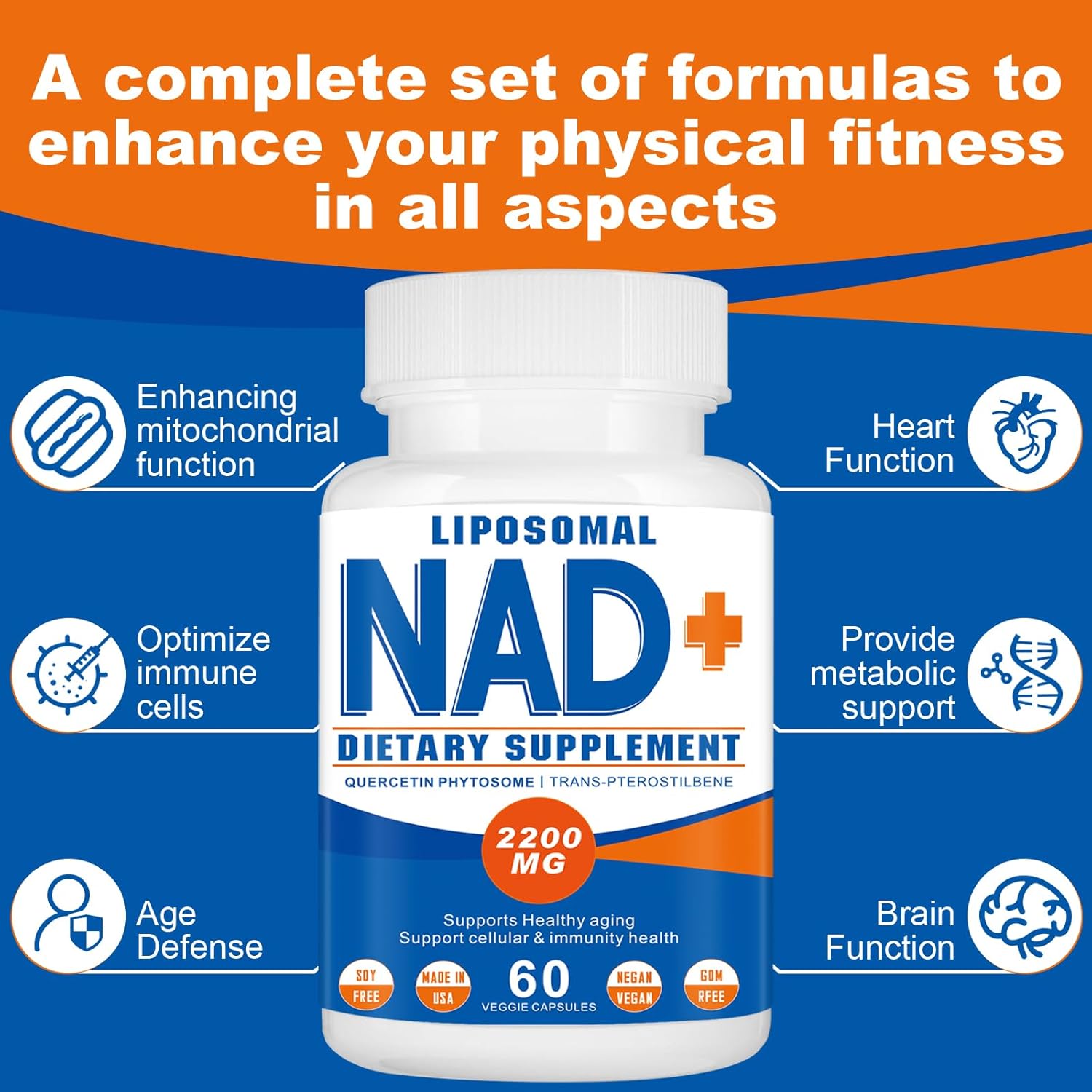 2200mg Liposomal NAD+ Supplement for Cellular Energy and Aging Defense - 180 Capsules by Spliferkou